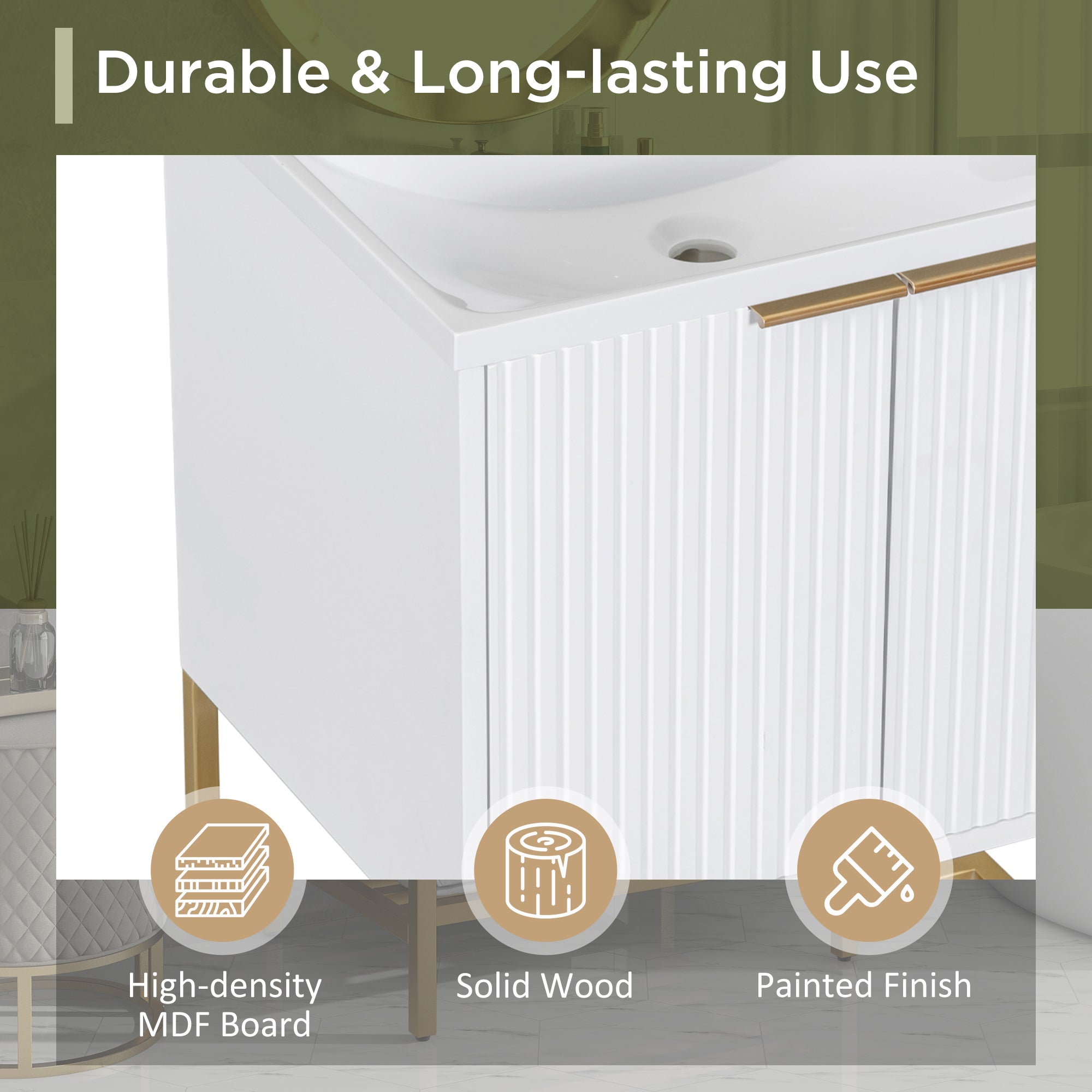 24 Inch MDF Freestanding Bathroom Vanity Set in White Integrated Ceramic Sink