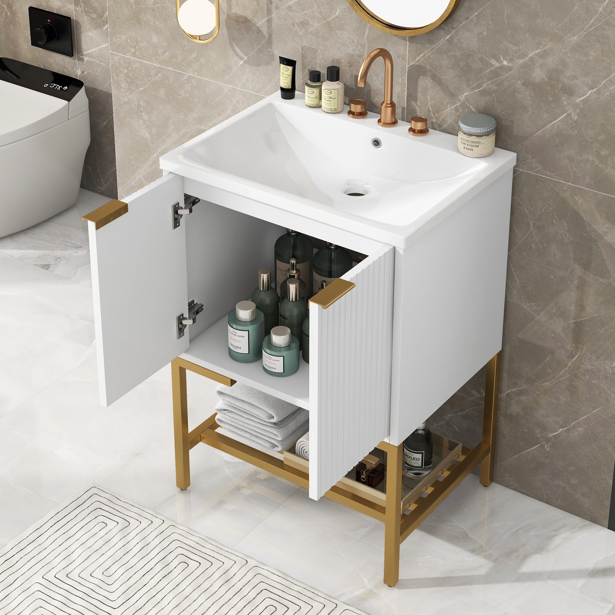24 Inch MDF Freestanding Bathroom Vanity Set in White Integrated Ceramic Sink