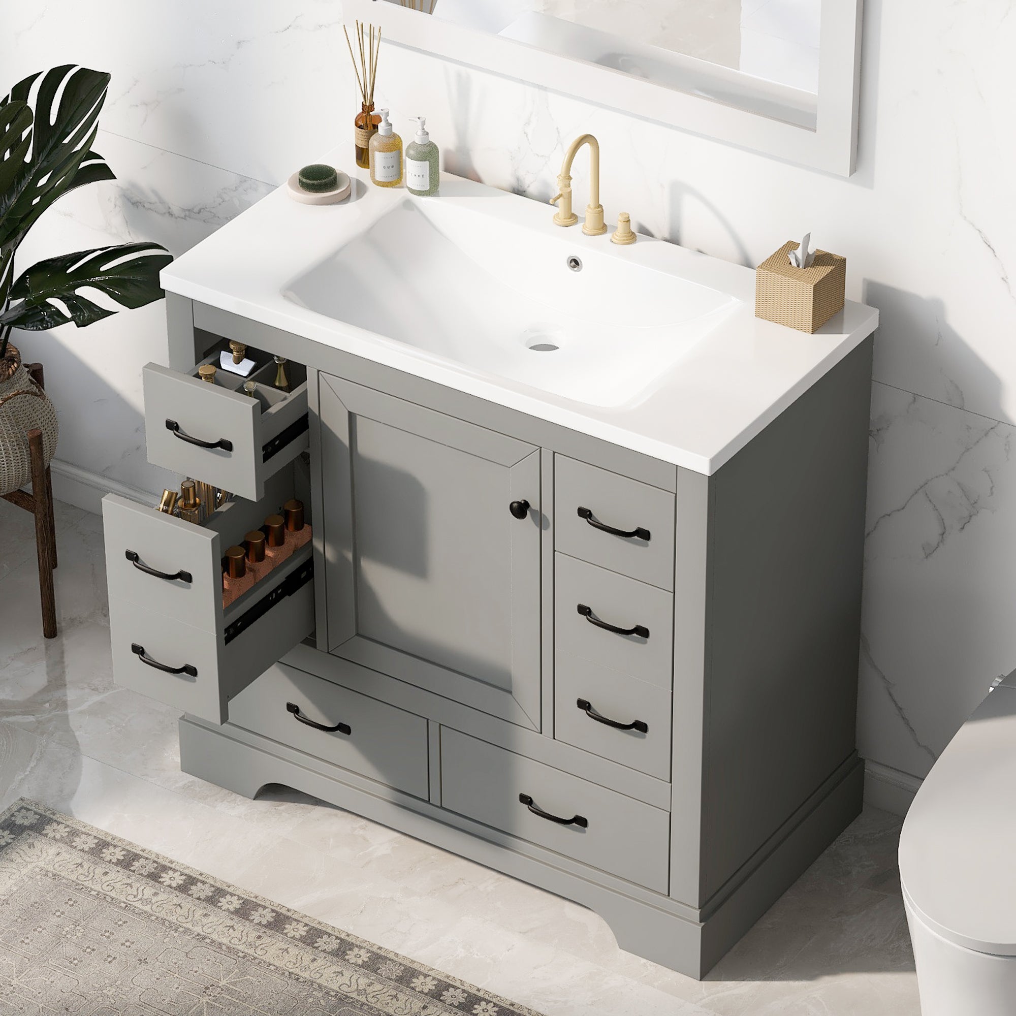 36 Inch MDF Freestanding Bathroom Vanity Set with Integrated Ceramic Sink