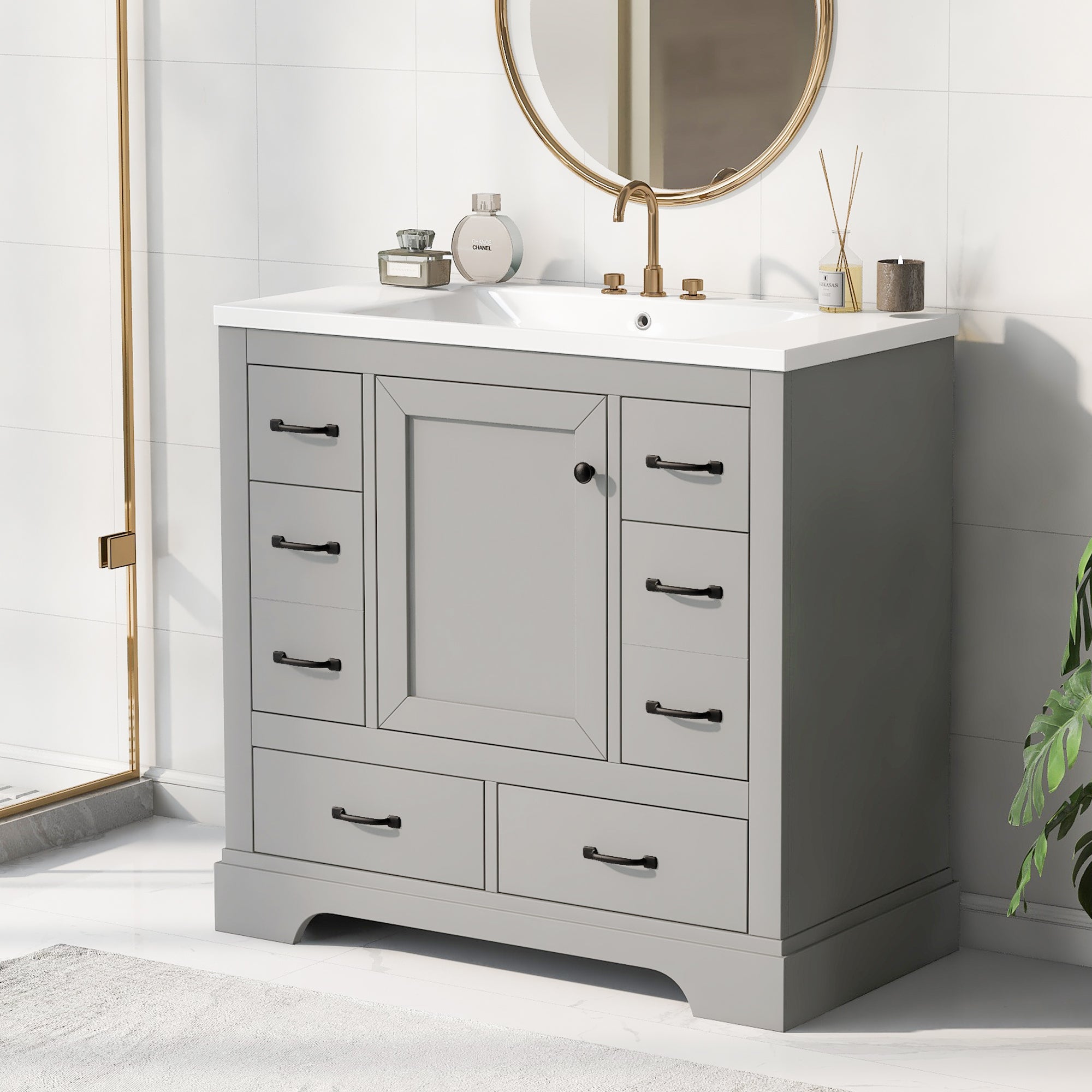 36 Inch MDF Freestanding Bathroom Vanity Set with Integrated Ceramic Sink