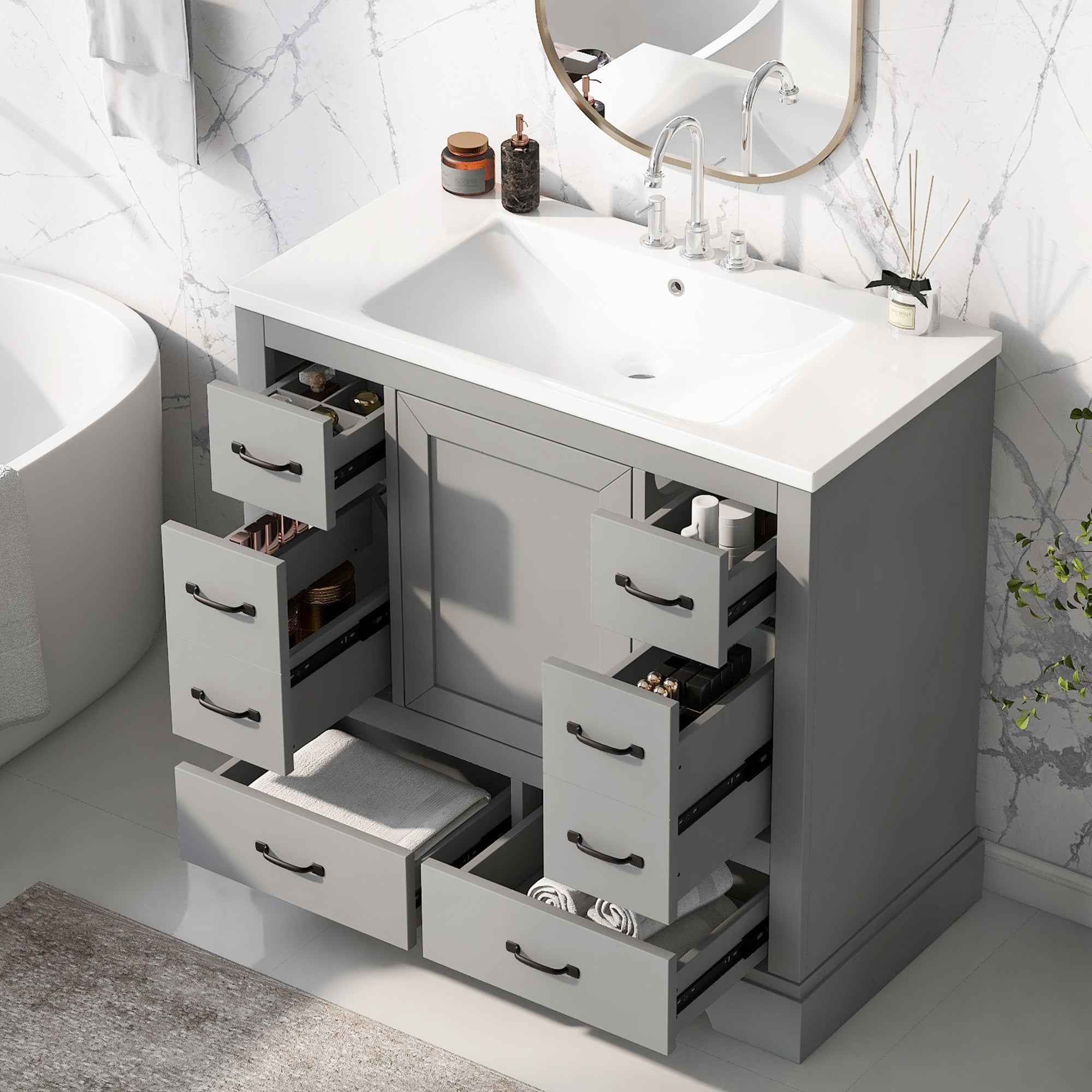 36 Inch MDF Freestanding Bathroom Vanity Set with Integrated Ceramic Sink