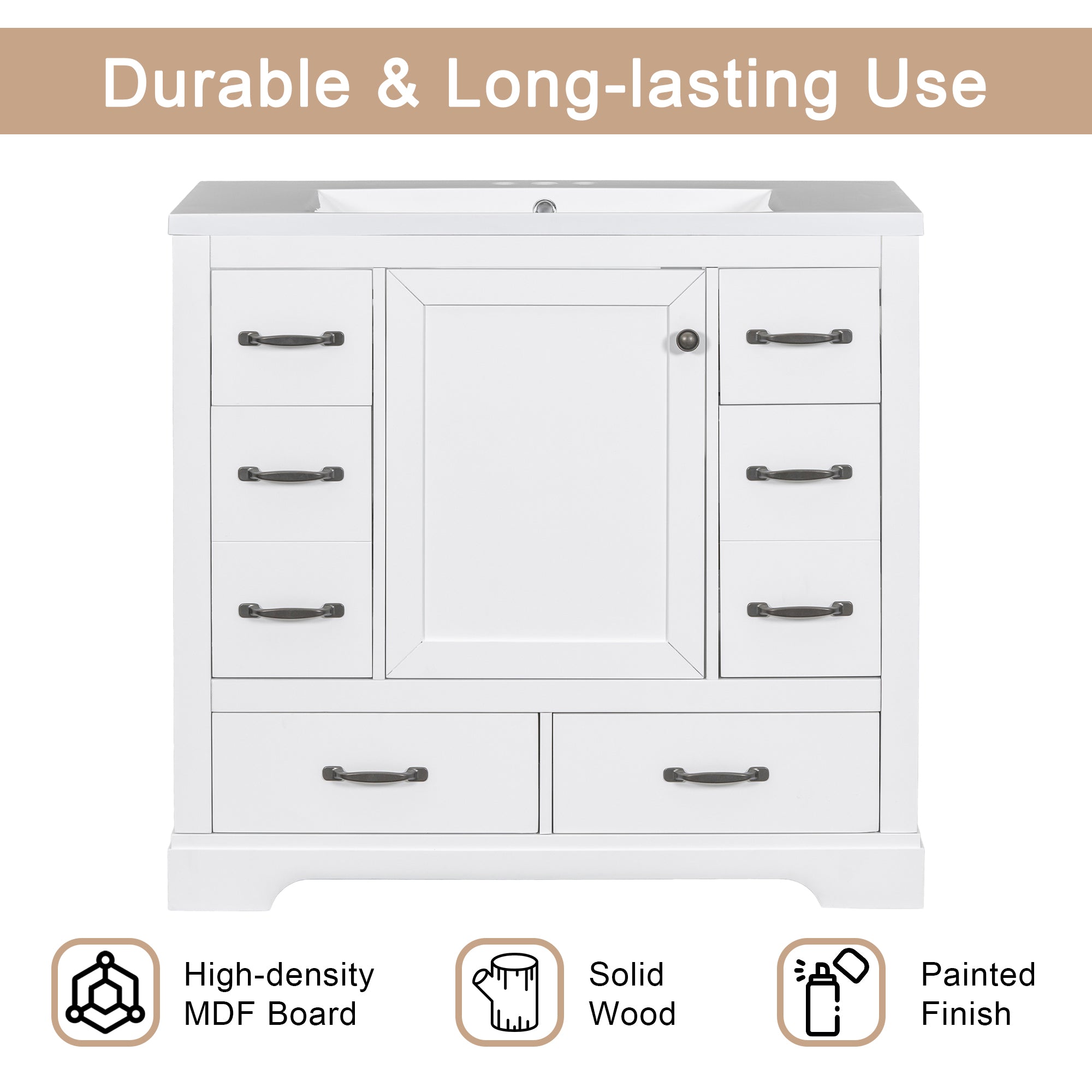 36 Inch MDF Freestanding Bathroom Vanity Set with Integrated Ceramic Sink