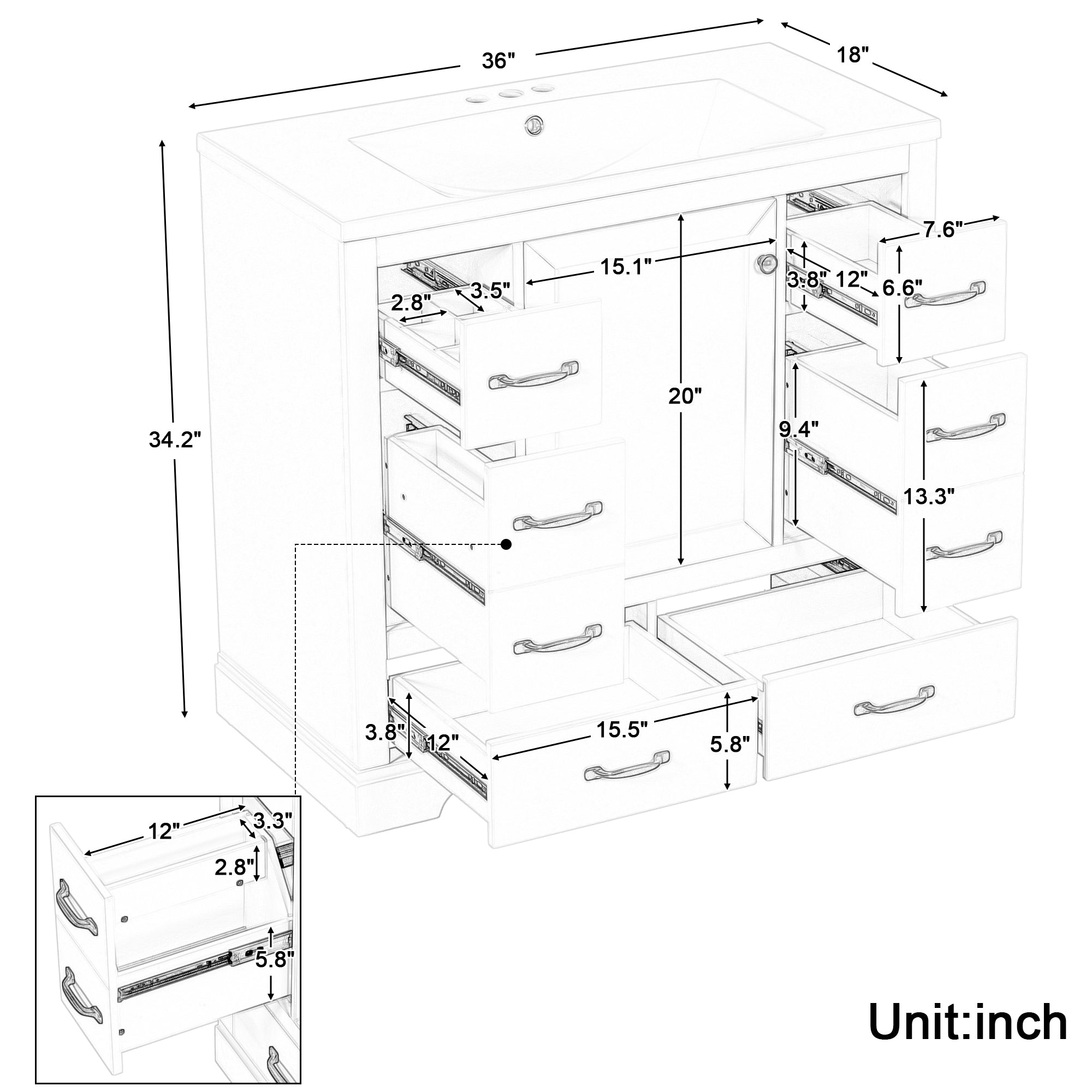 36 Inch MDF Freestanding Bathroom Vanity Set with Integrated Ceramic Sink