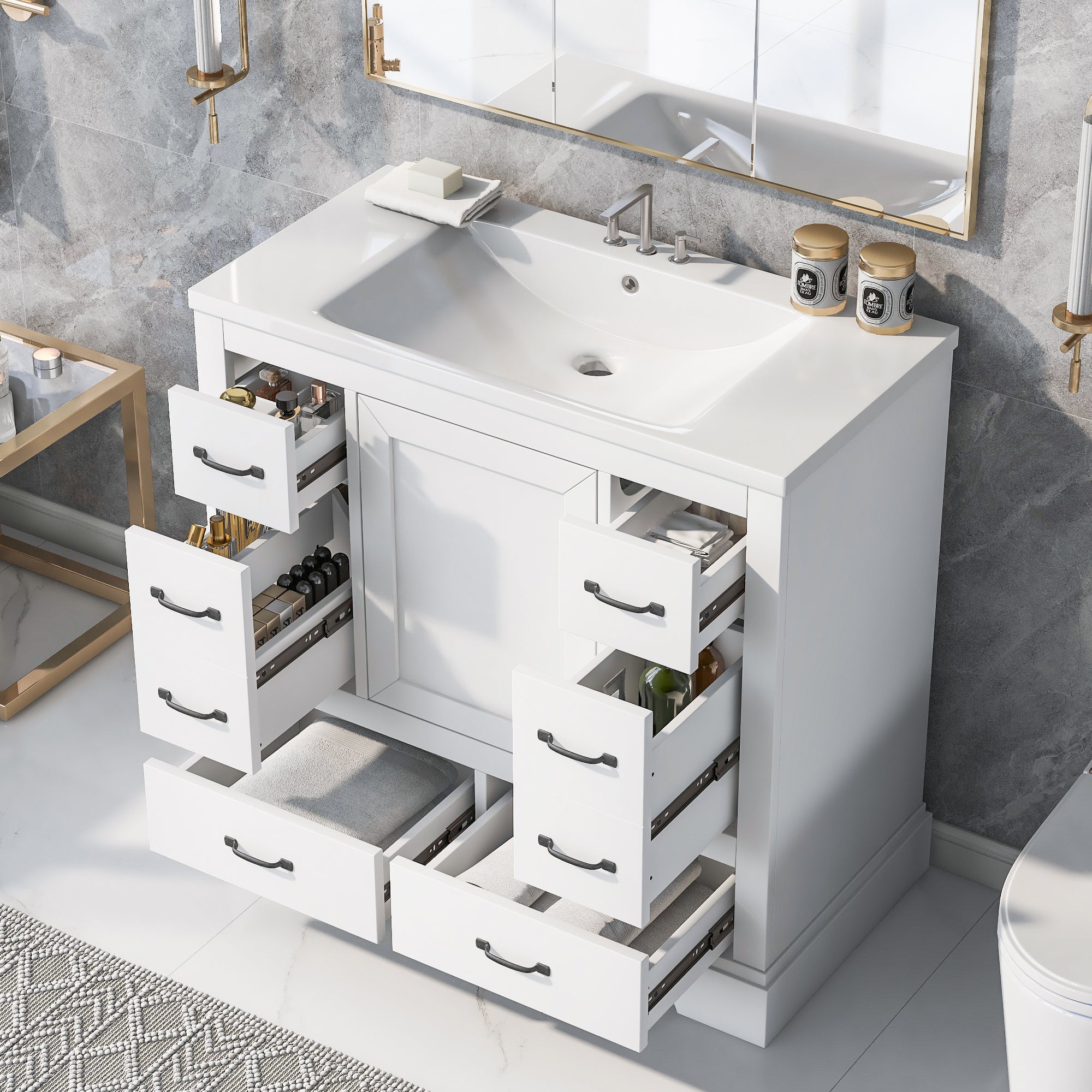 36 Inch MDF Freestanding Bathroom Vanity Set with Integrated Ceramic Sink