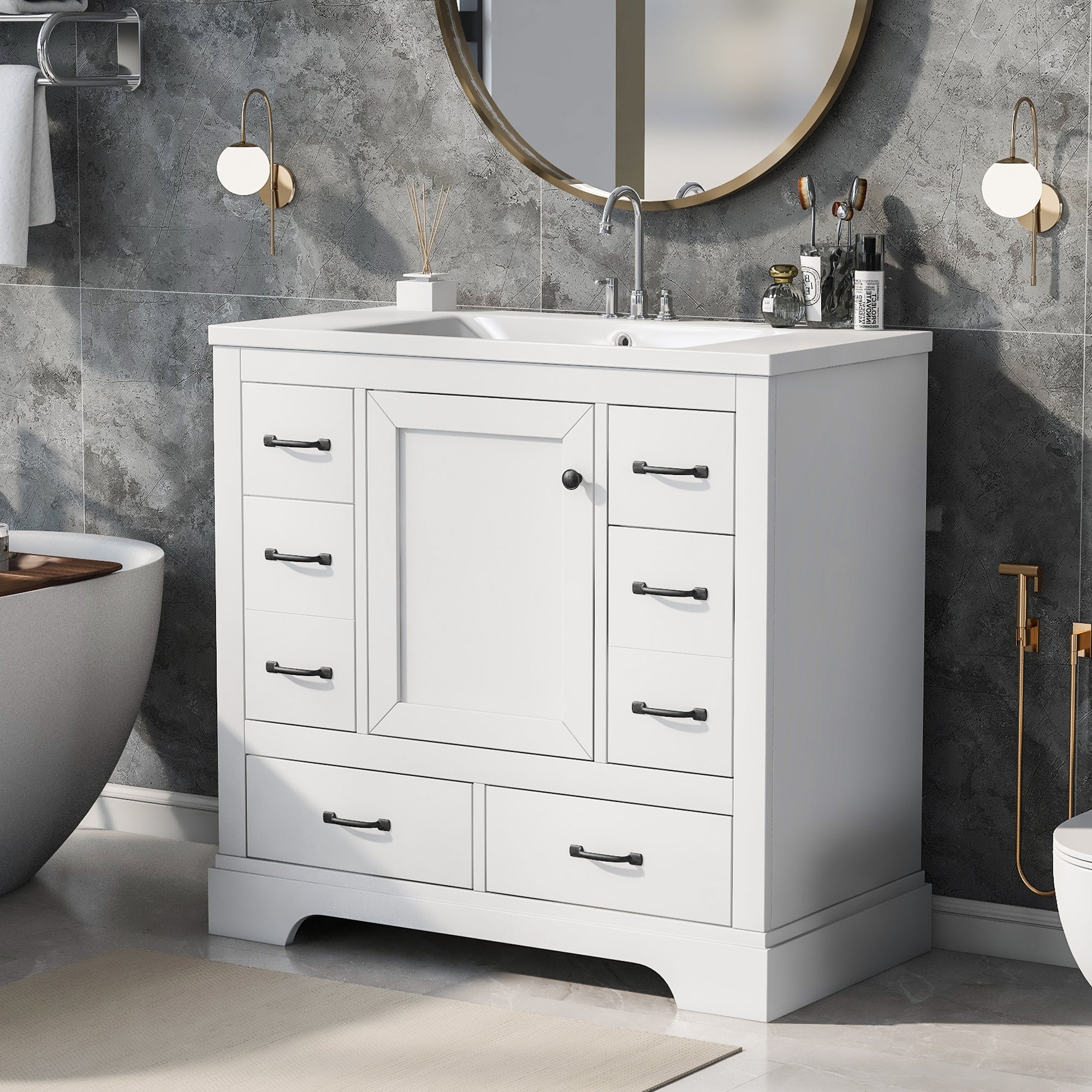 36 Inch MDF Freestanding Bathroom Vanity Set with Integrated Ceramic Sink