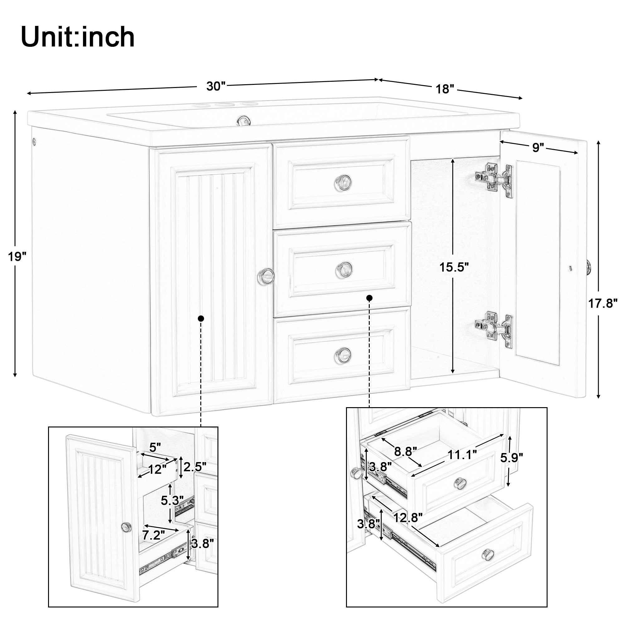 36 Inch MDF Wall-Mounted Bathroom Vanity Set with Integrated Ceramic Sink