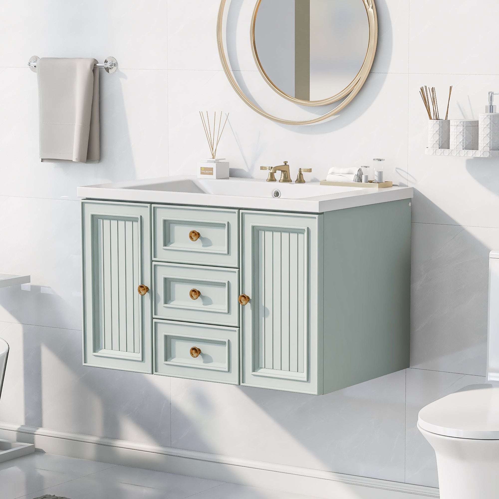 36 Inch MDF Wall-Mounted Bathroom Vanity Set with Integrated Ceramic Sink
