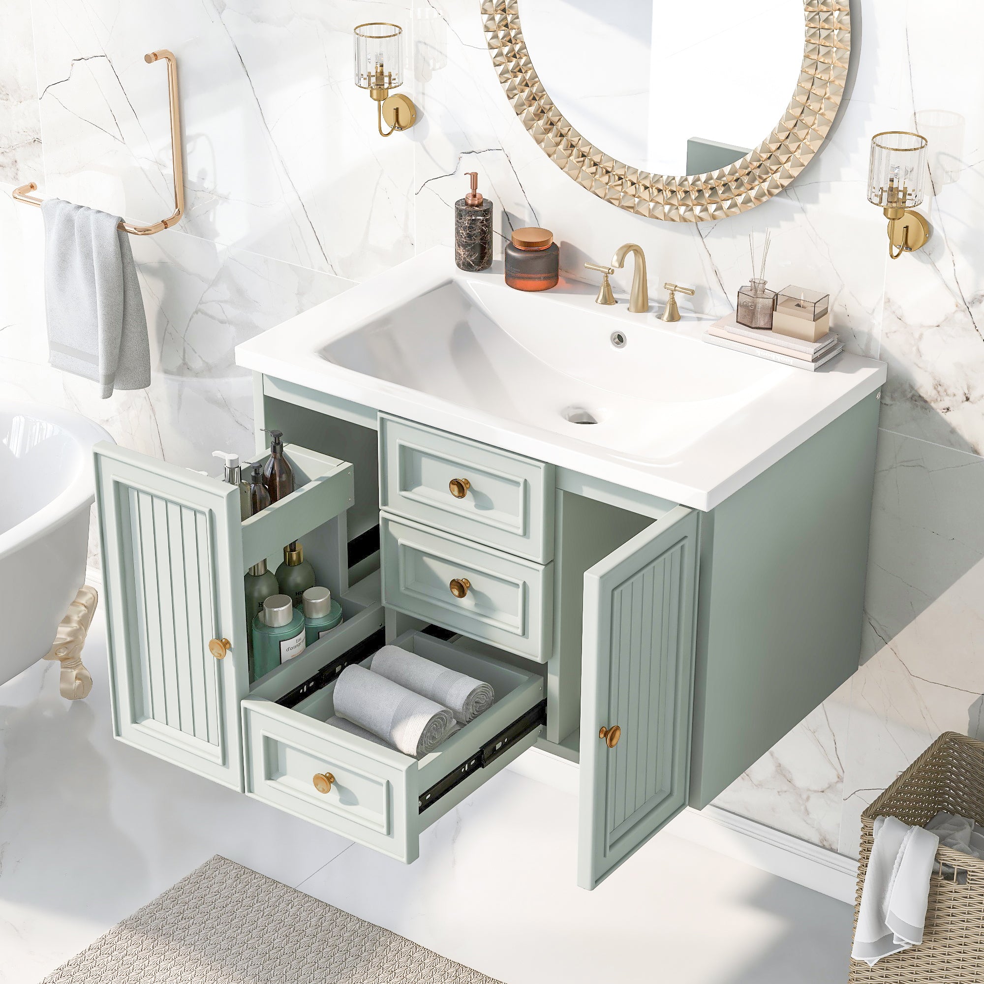 36 Inch MDF Wall-Mounted Bathroom Vanity Set with Integrated Ceramic Sink