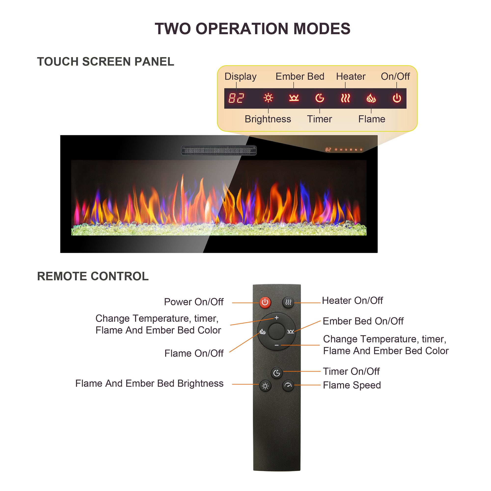 Wall-mounted/Recessed Tempered Glass Electric Fireplace in Antique Black with Remote, Multi-Color Flame, and LED Light