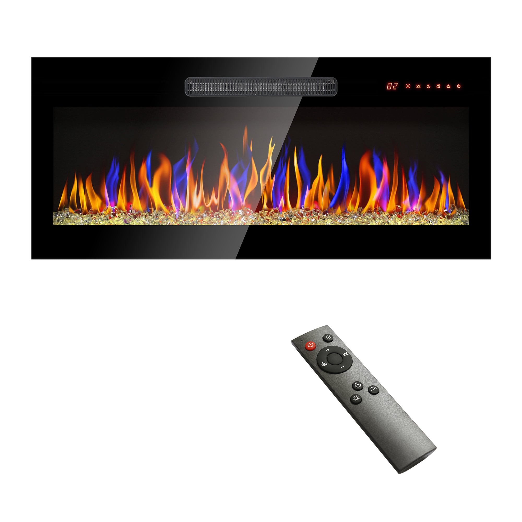 Wall-mounted/Recessed Tempered Glass Electric Fireplace in Antique Black with Remote, Multi-Color Flame, and LED Light