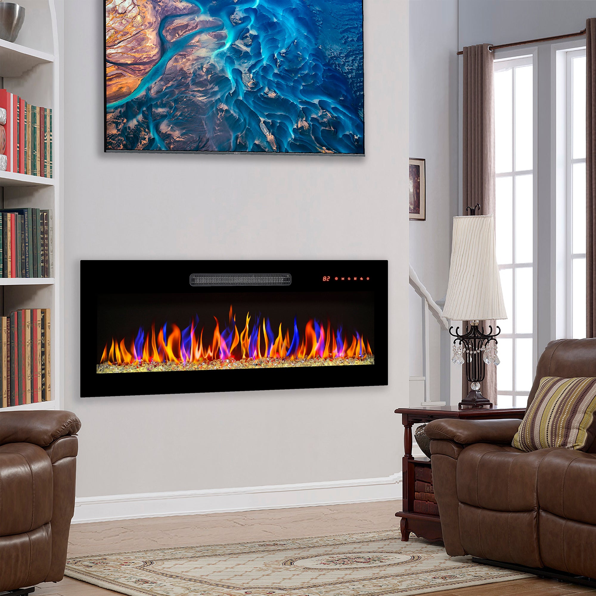 Wall-mounted/Recessed Tempered Glass Electric Fireplace in Antique Black with Remote, Multi-Color Flame, and LED Light