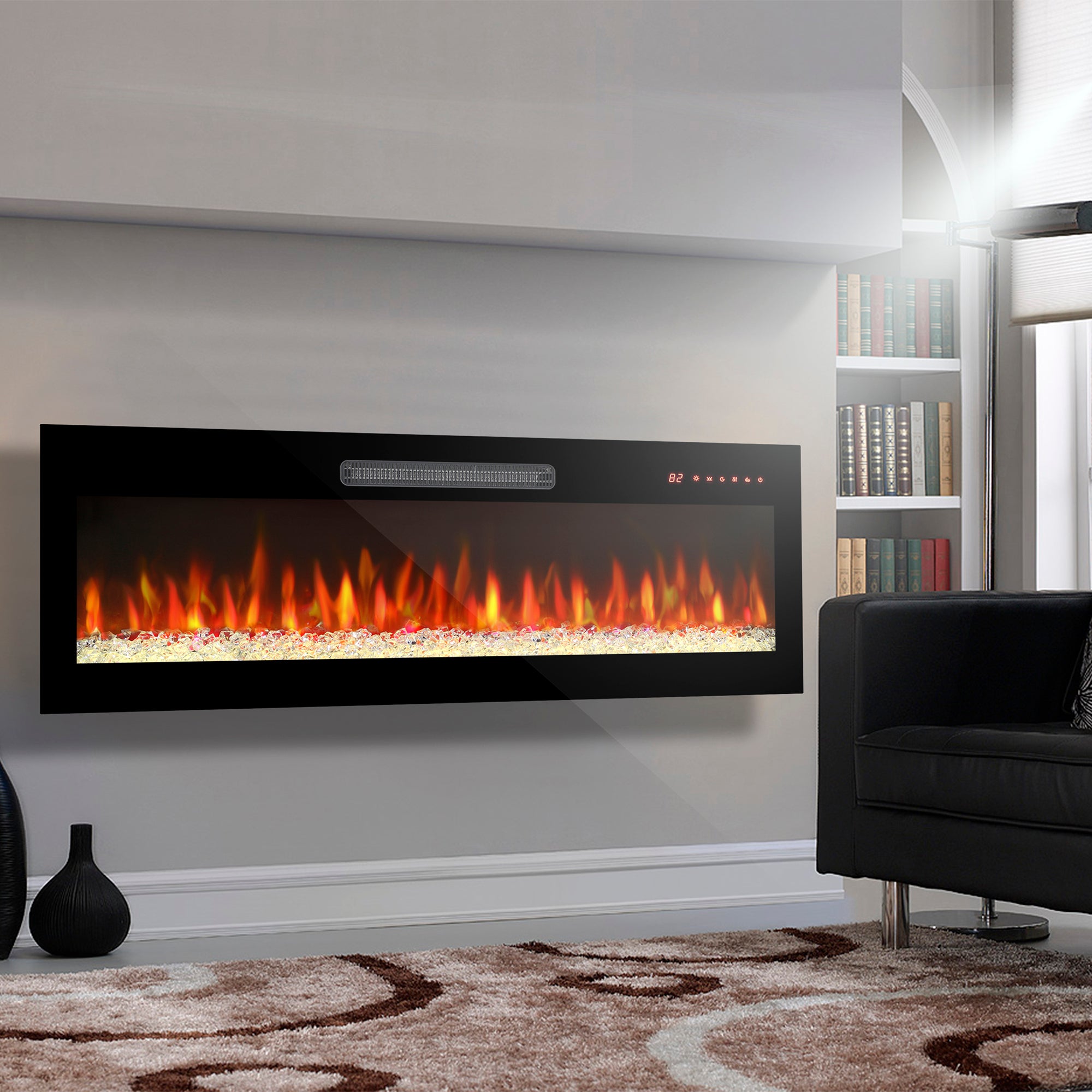 Wall-mounted/Recessed Tempered Glass Electric Fireplace in Antique Black with Remote, Multi-Color Flame, and LED Light