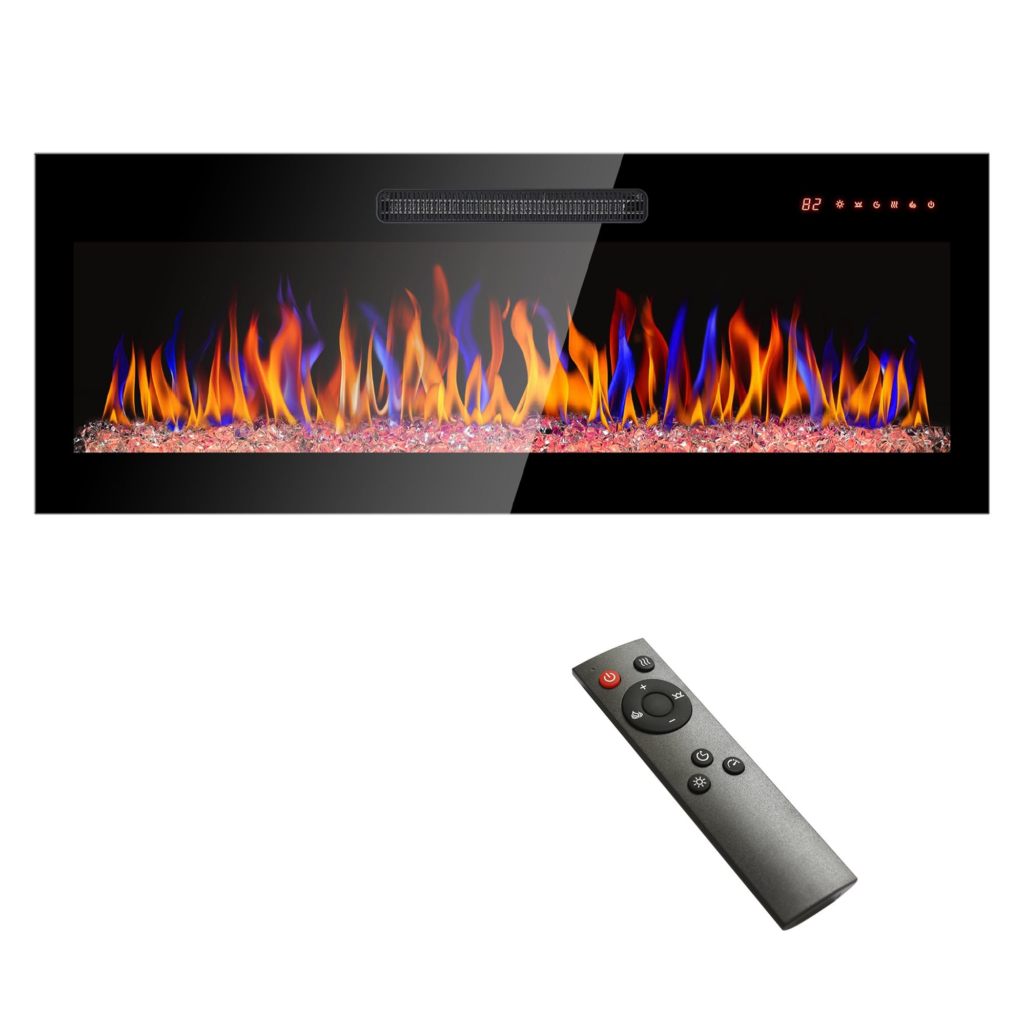 Wall-mounted/Recessed Tempered Glass Electric Fireplace in Antique Black with Remote, Multi-Color Flame, and LED Light