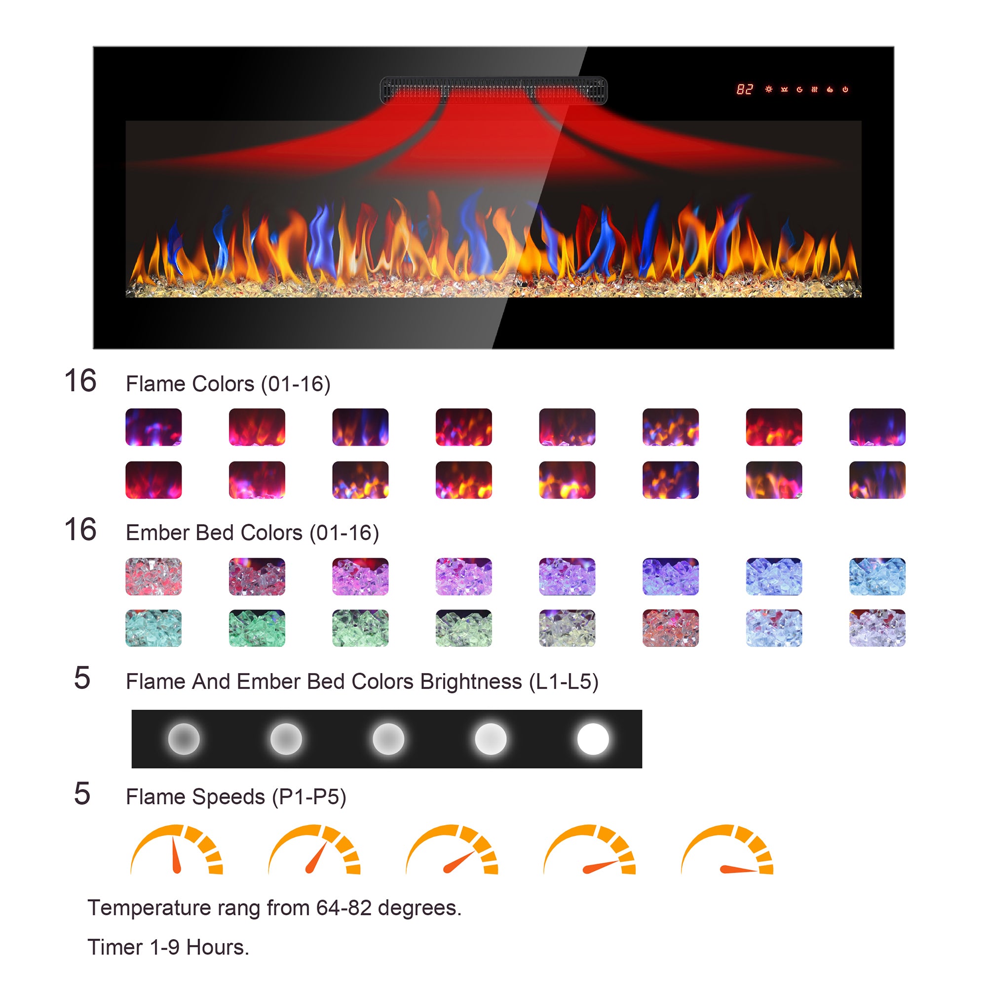 Wall-mounted/Recessed Tempered Glass Electric Fireplace in Antique Black with Remote, Multi-Color Flame, and LED Light