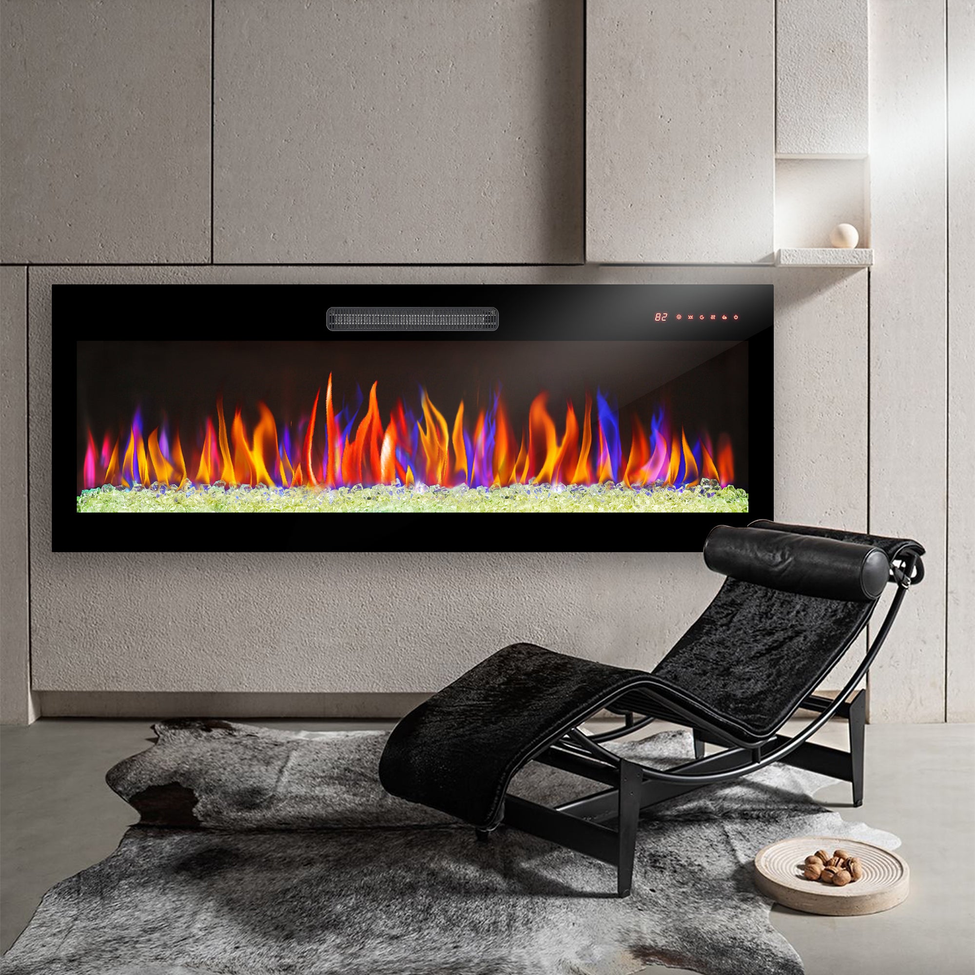 Wall-mounted/Recessed Tempered Glass Electric Fireplace in Antique Black with Remote, Multi-Color Flame, and LED Light