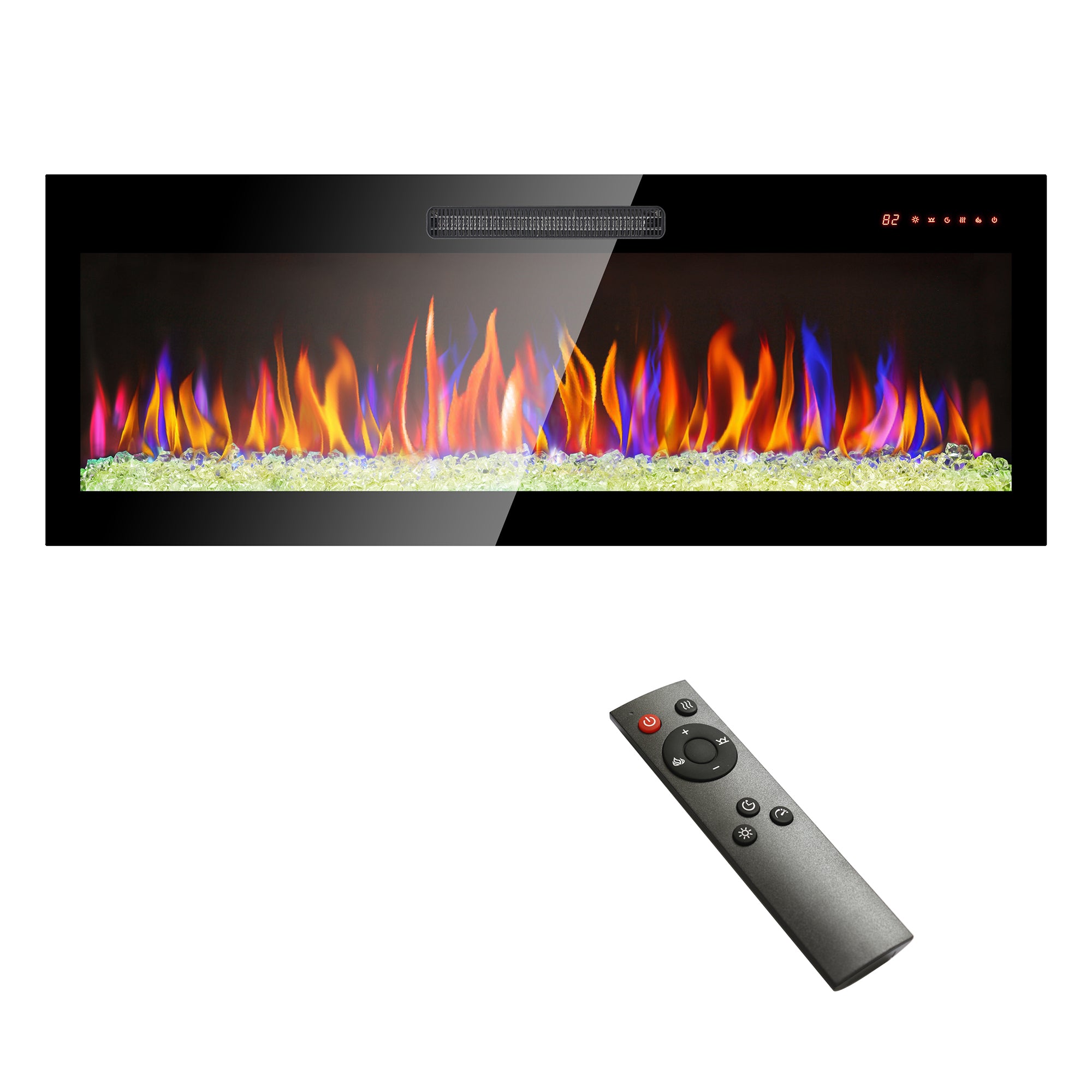 Wall-mounted/Recessed Tempered Glass Electric Fireplace in Antique Black with Remote, Multi-Color Flame, and LED Light