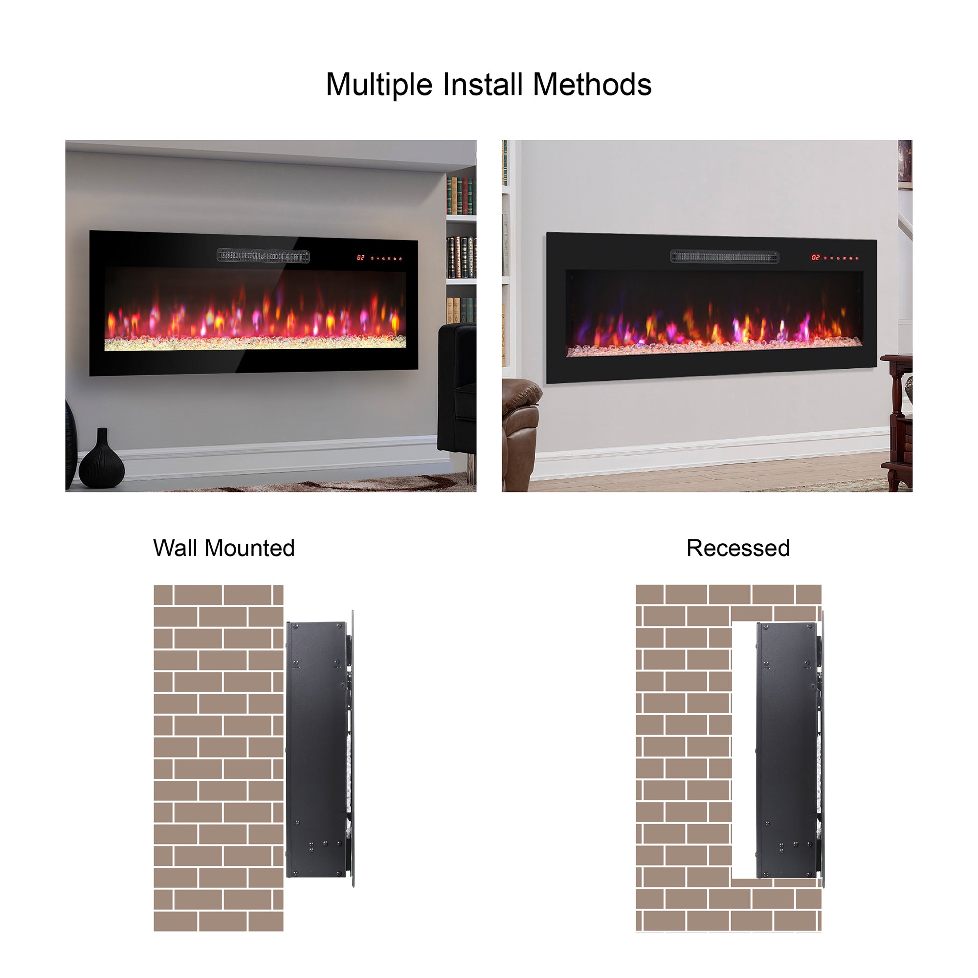 Wall-mounted/Recessed Tempered Glass Electric Fireplace in Antique Black with Remote, Multi-Color Flame, and LED Light