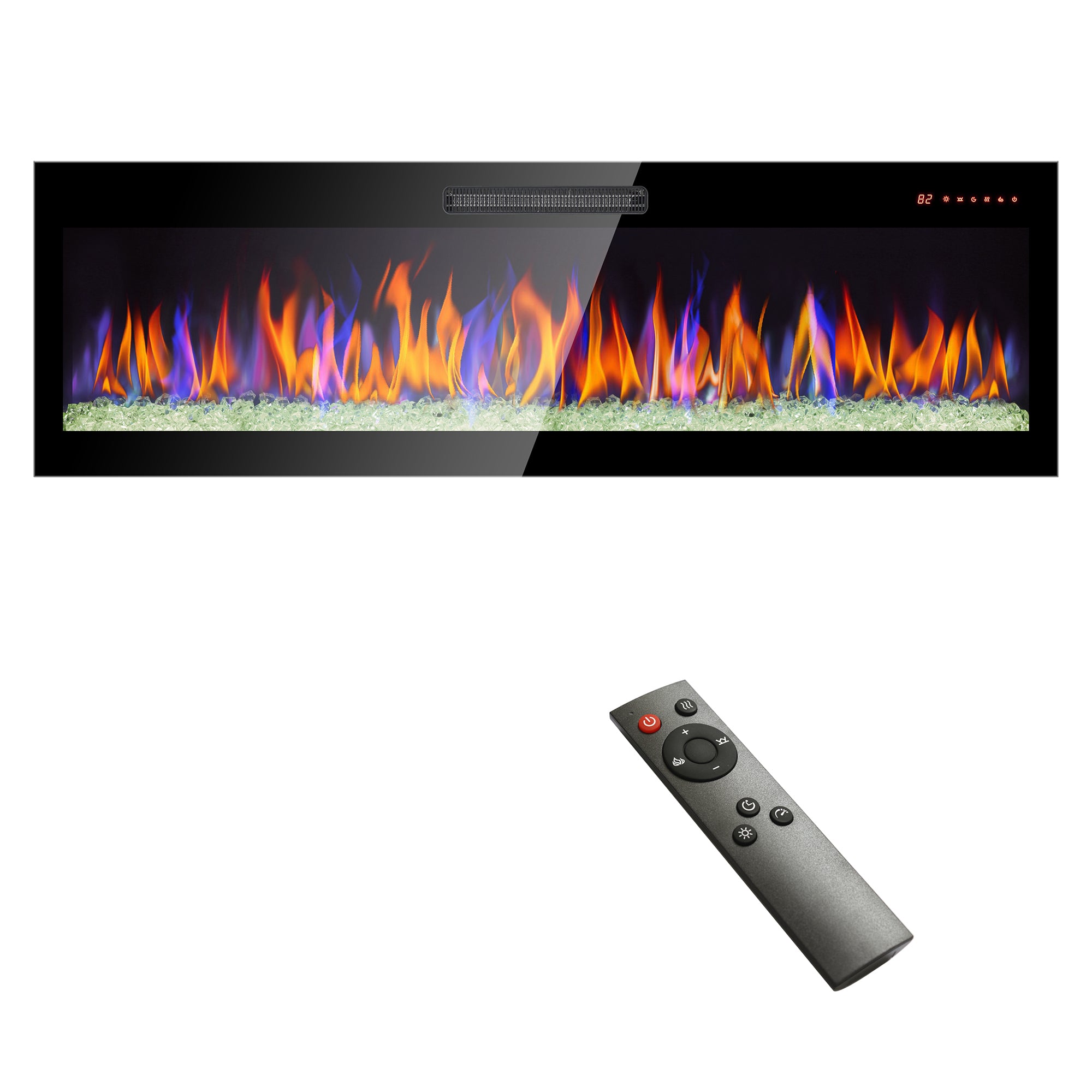 Wall-mounted/Recessed Tempered Glass Electric Fireplace in Antique Black with Remote, Multi-Color Flame, and LED Light