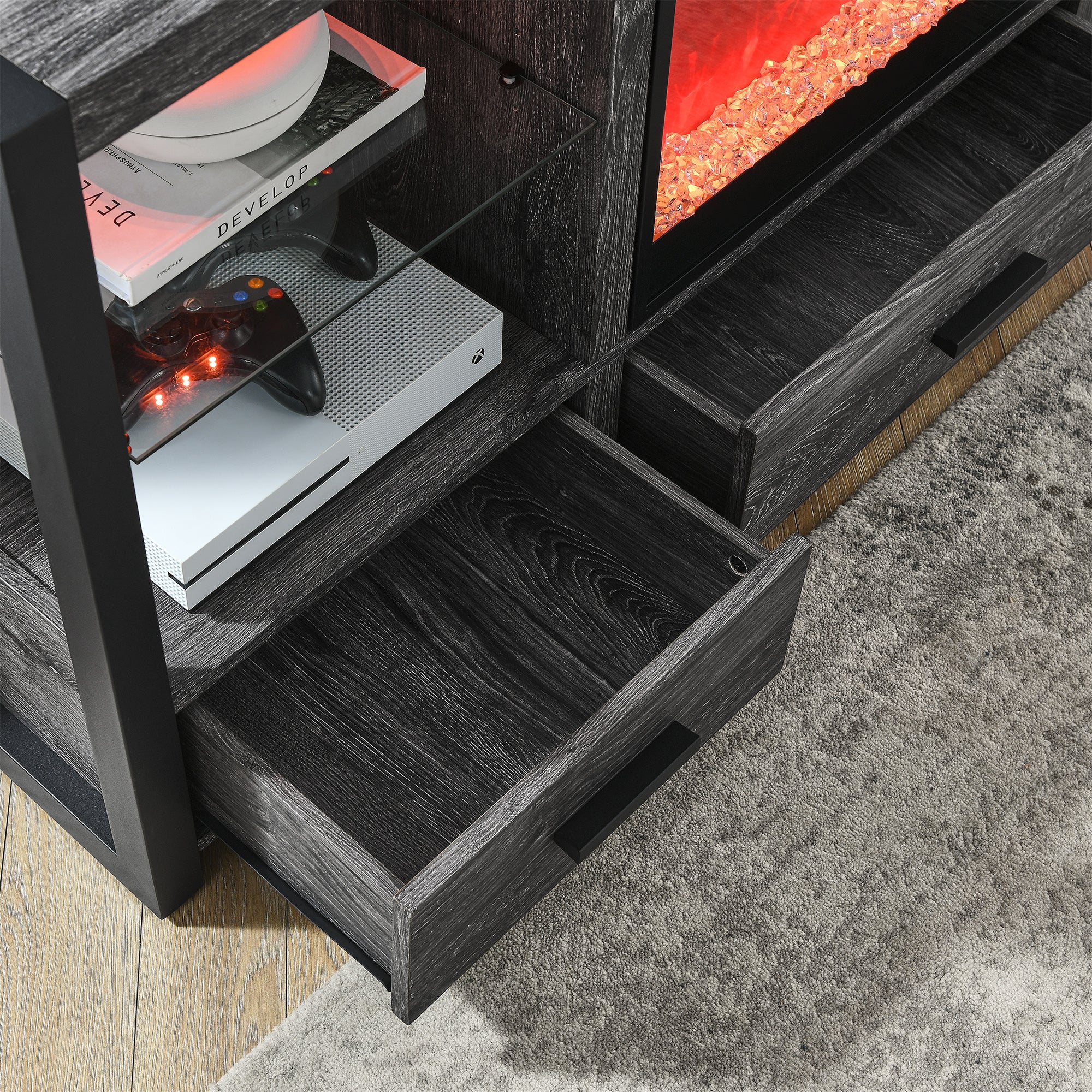 Wall-mounted/Recessed Tempered Glass Electric Fireplace in Antique Black with Remote, Multi-Color Flame, and LED Light