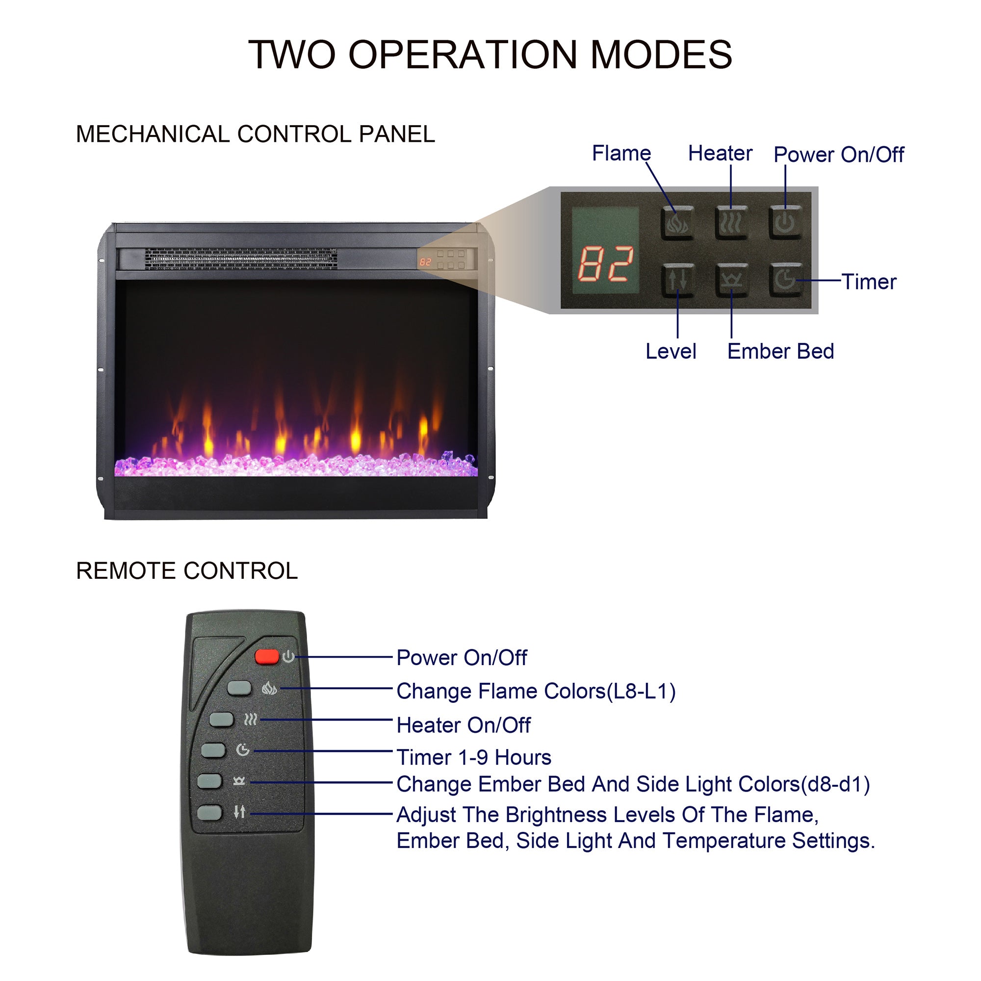 Wall-mounted/Recessed Tempered Glass Electric Fireplace in Antique Black with Remote, Multi-Color Flame, and LED Light