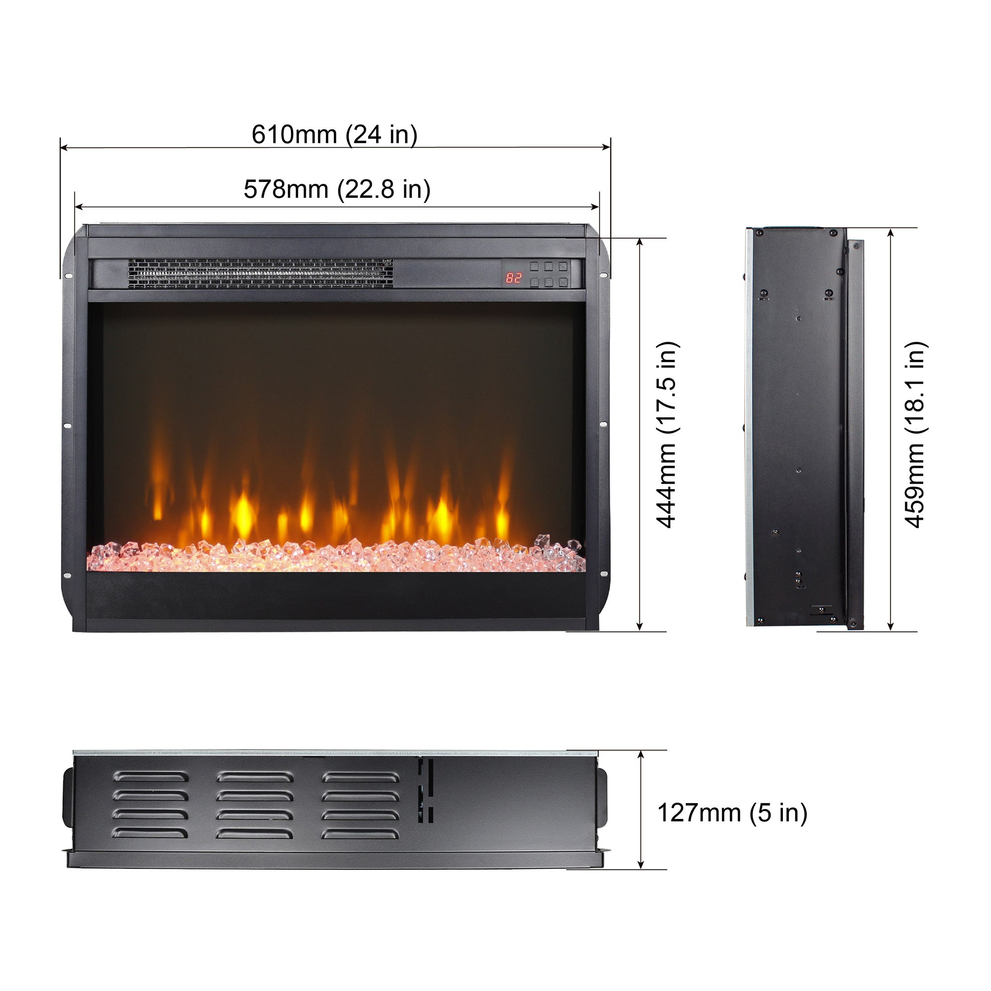 Wall-mounted/Recessed Tempered Glass Electric Fireplace in Antique Black with Remote, Multi-Color Flame, and LED Light