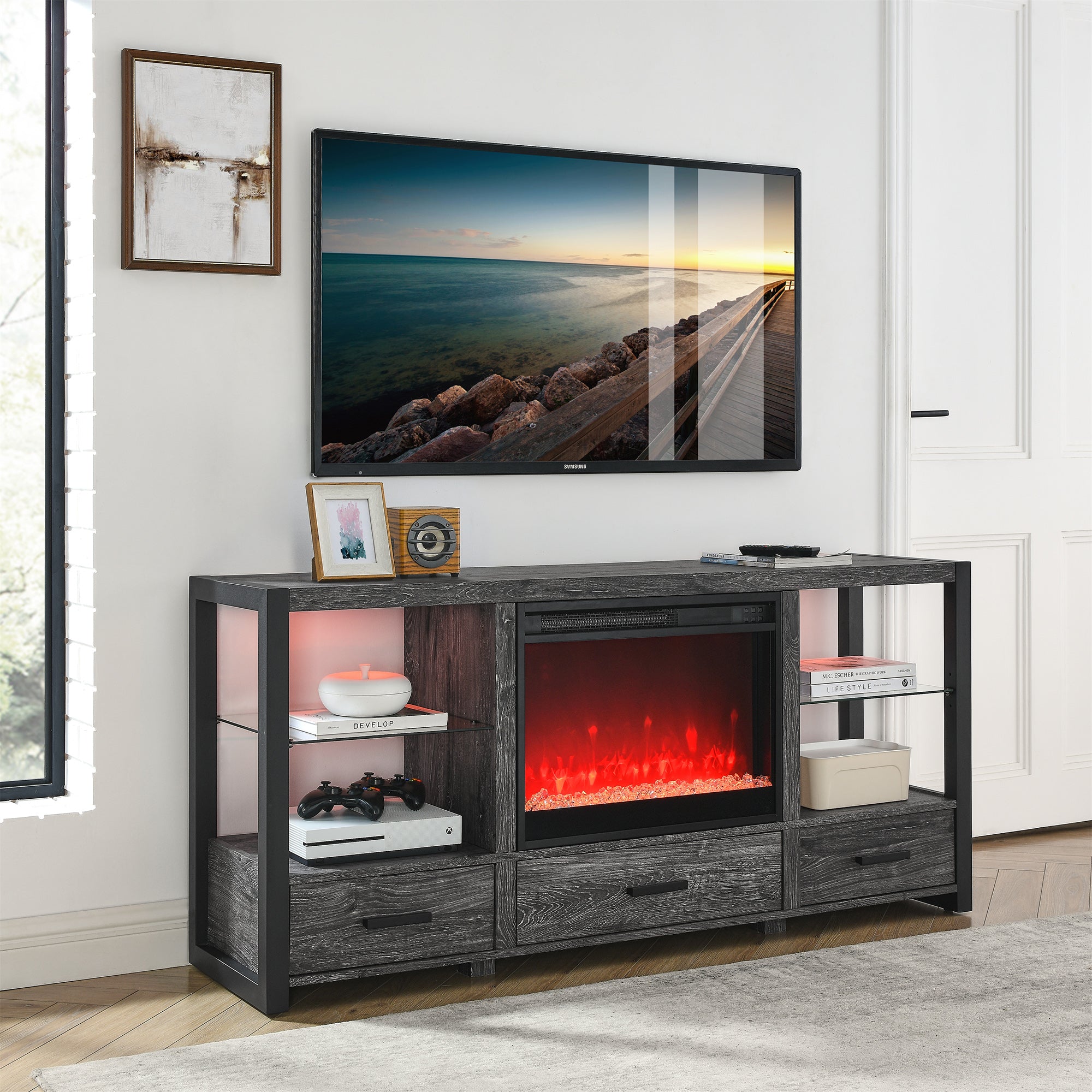 Wall-mounted/Recessed Tempered Glass Electric Fireplace in Antique Black with Remote, Multi-Color Flame, and LED Light