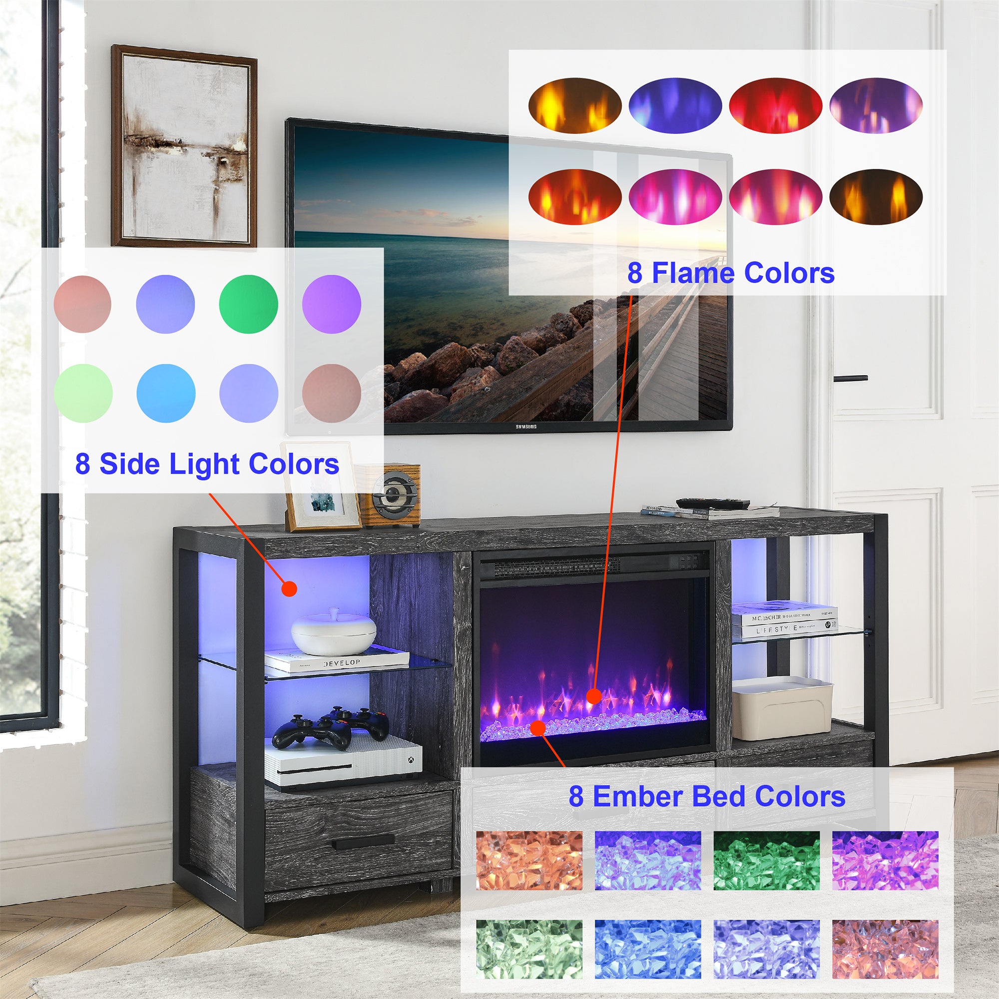 Wall-mounted/Recessed Tempered Glass Electric Fireplace in Antique Black with Remote, Multi-Color Flame, and LED Light