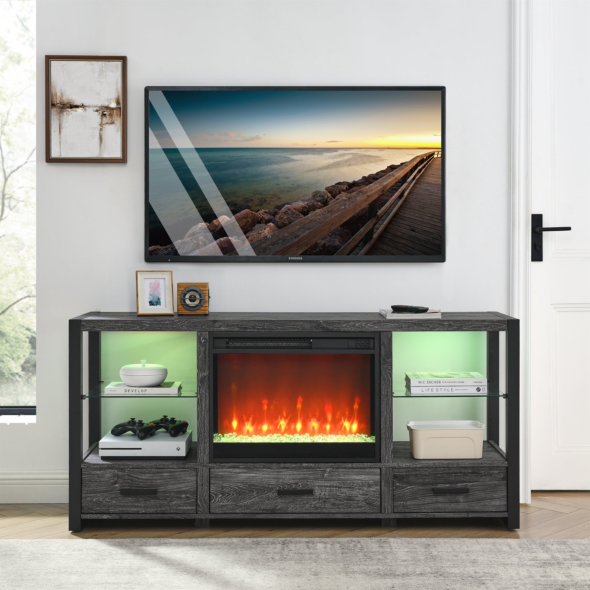 Wall-mounted/Recessed Tempered Glass Electric Fireplace in Antique Black with Remote, Multi-Color Flame, and LED Light