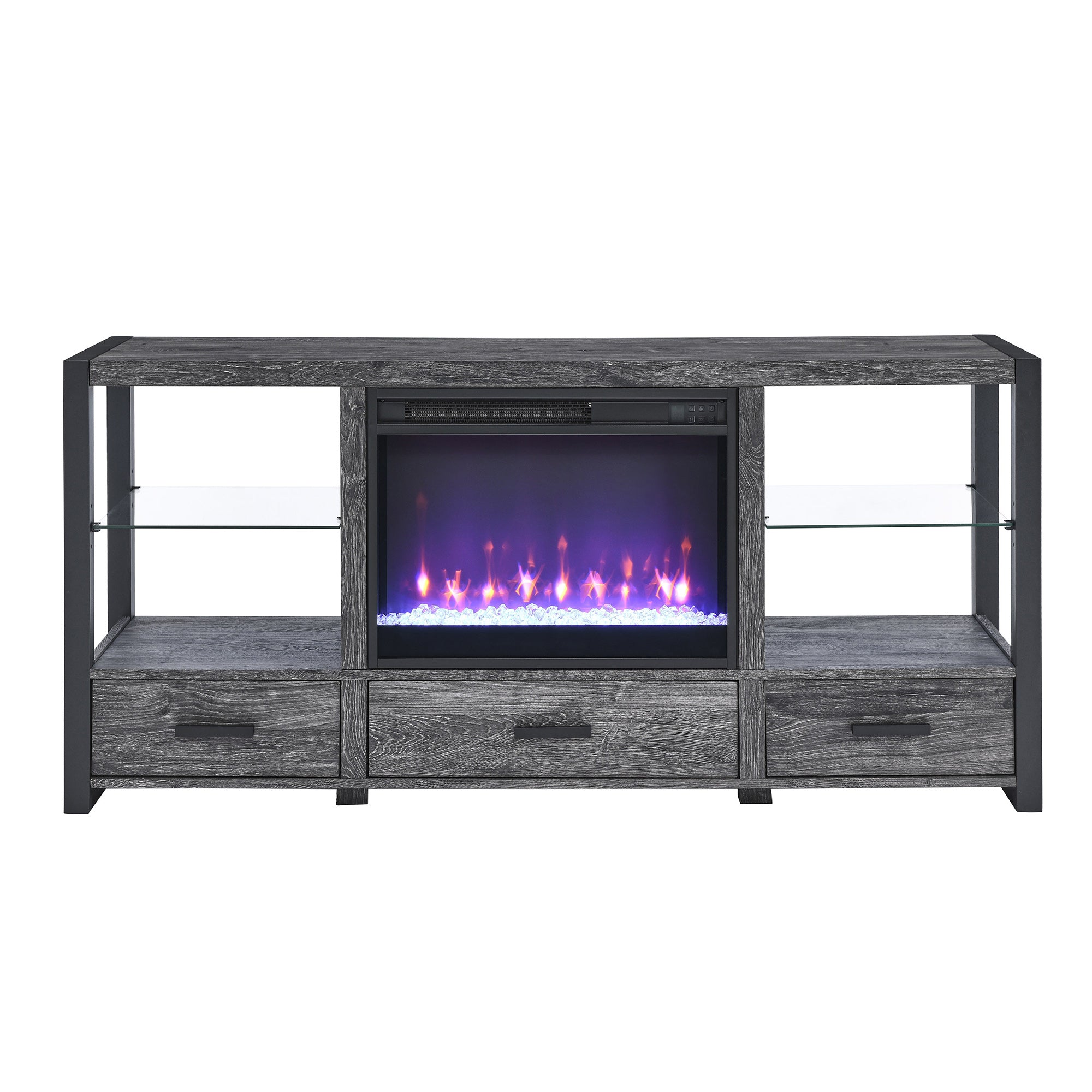 Wall-mounted/Recessed Tempered Glass Electric Fireplace in Antique Black with Remote, Multi-Color Flame, and LED Light