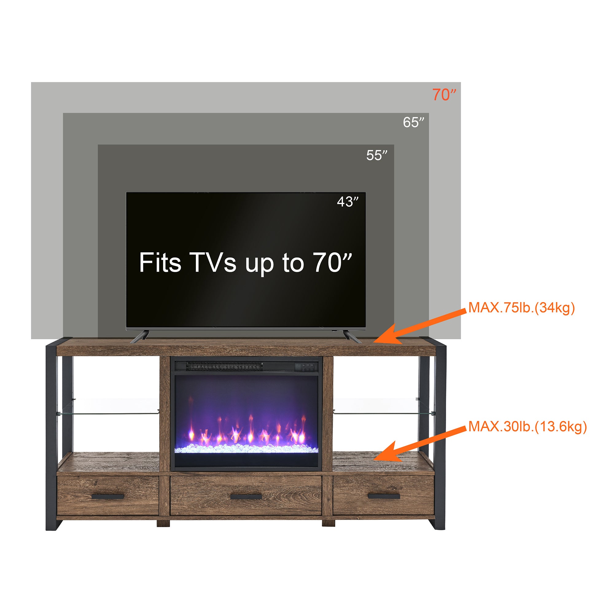 Wall-mounted/Recessed Tempered Glass Electric Fireplace in Antique Black with Remote, Multi-Color Flame, and LED Light