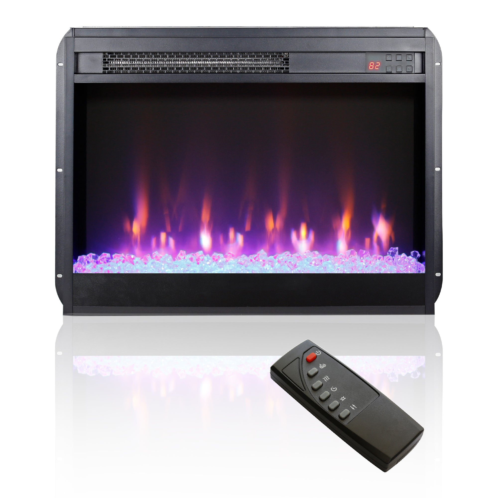 Wall-mounted/Recessed Tempered Glass Electric Fireplace in Antique Black with Remote, Multi-Color Flame, and LED Light