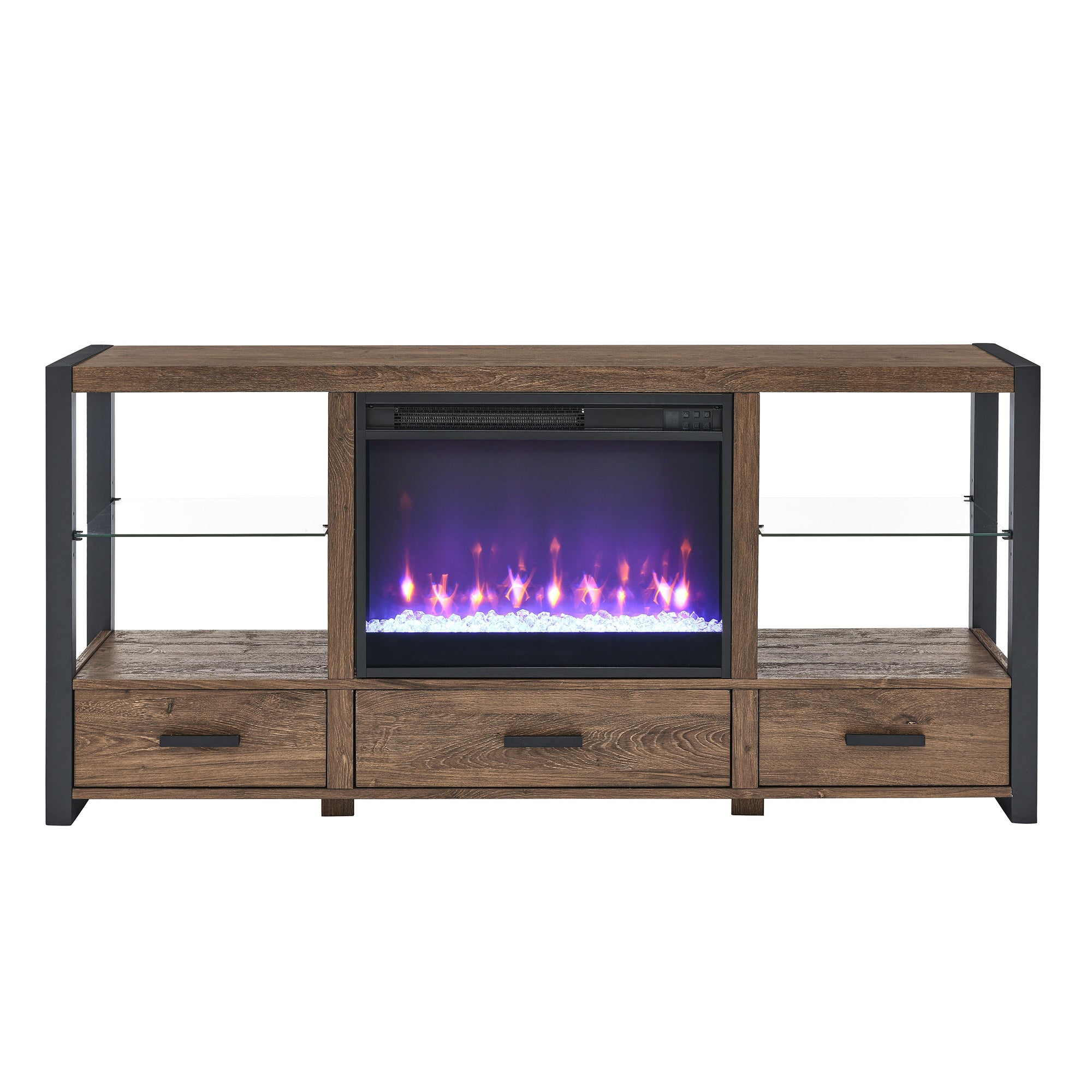 Wall-mounted/Recessed Tempered Glass Electric Fireplace in Antique Black with Remote, Multi-Color Flame, and LED Light