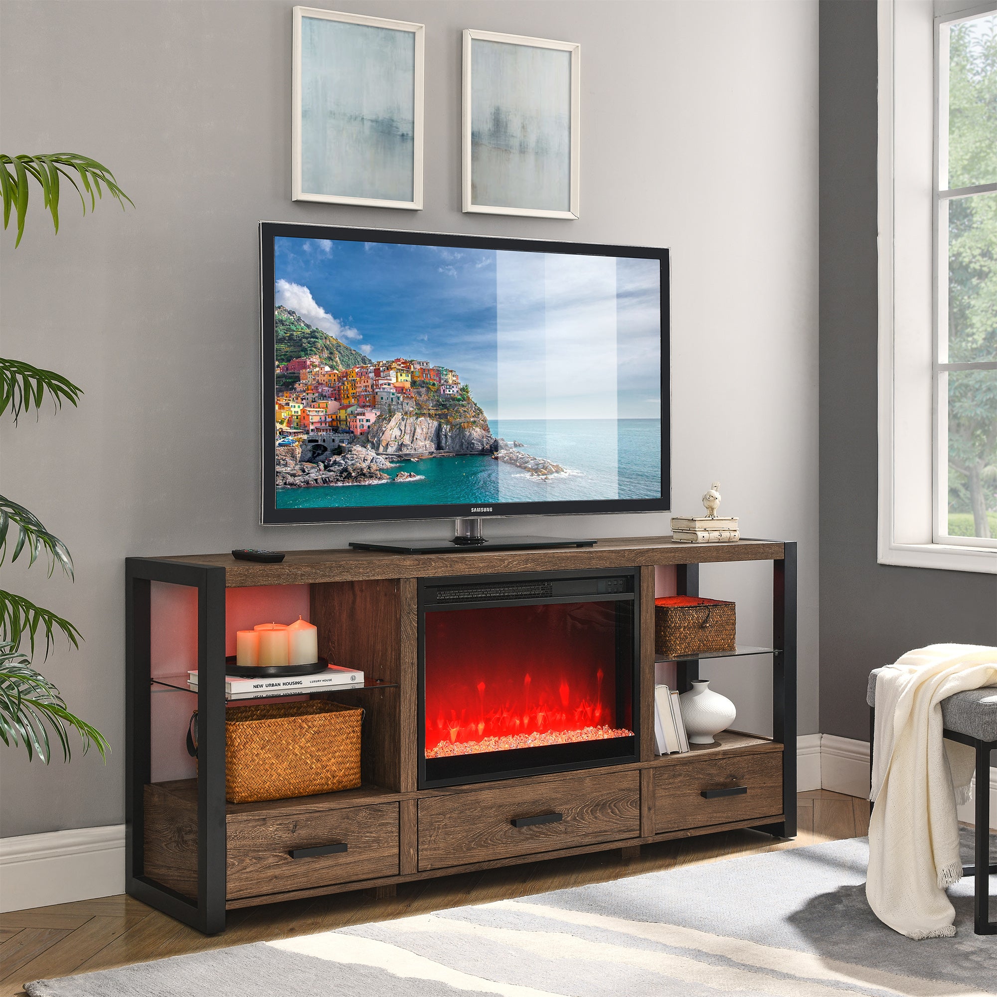 Wall-mounted/Recessed Tempered Glass Electric Fireplace in Antique Black with Remote, Multi-Color Flame, and LED Light