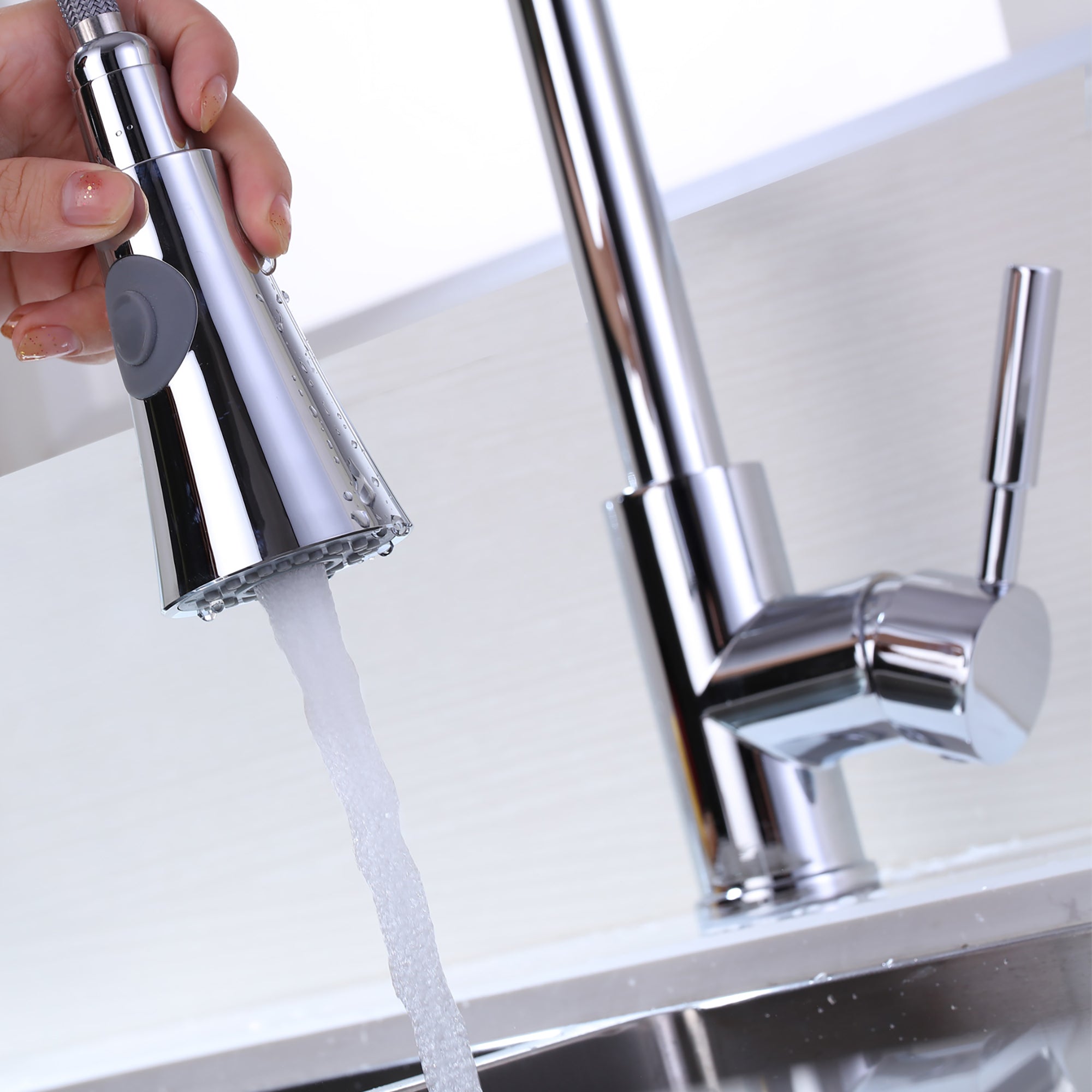 Single Handle Deck Mounted High Arc Pull Out Stainless Steel Kitchen Faucet