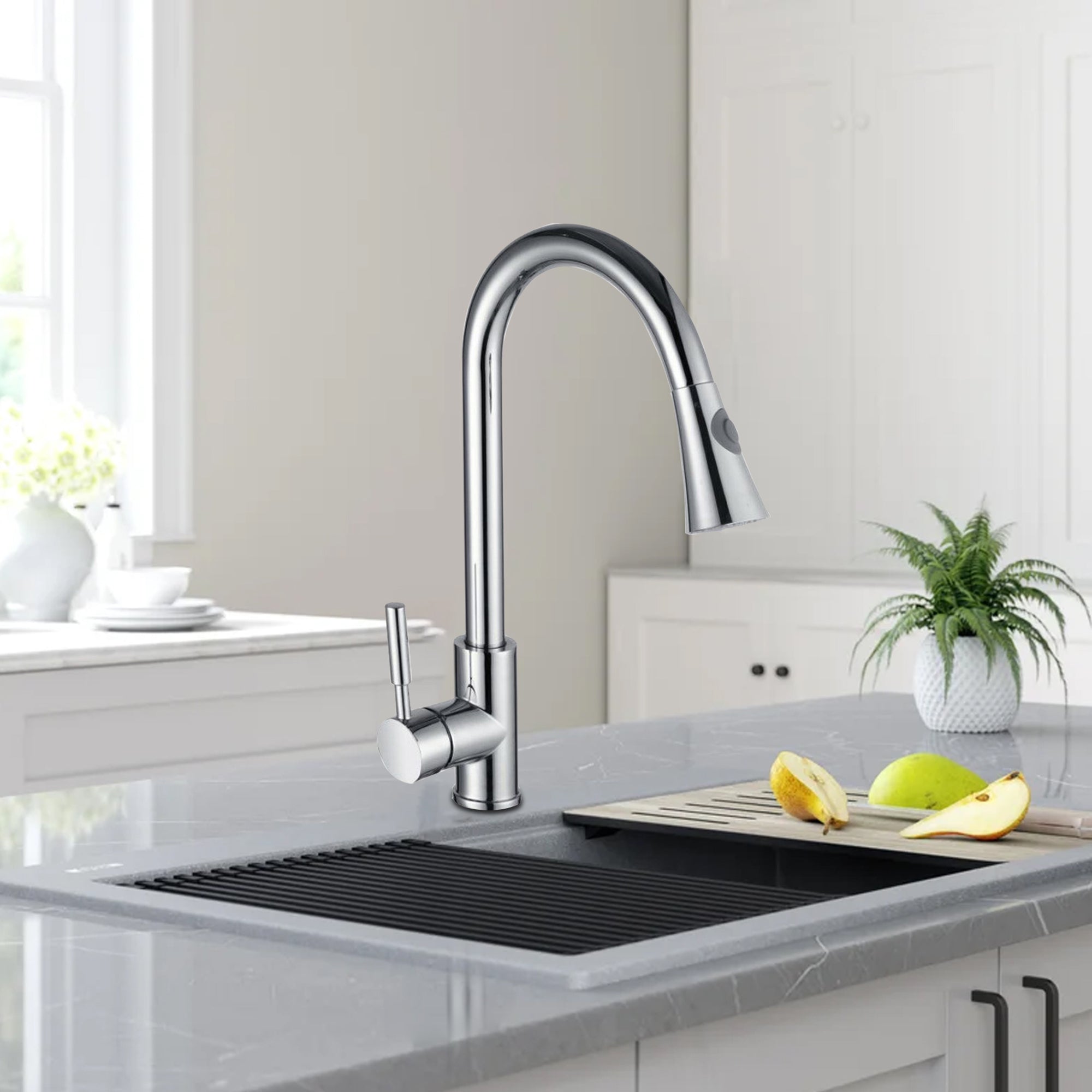 Single Handle Deck Mounted High Arc Pull Out Stainless Steel Kitchen Faucet