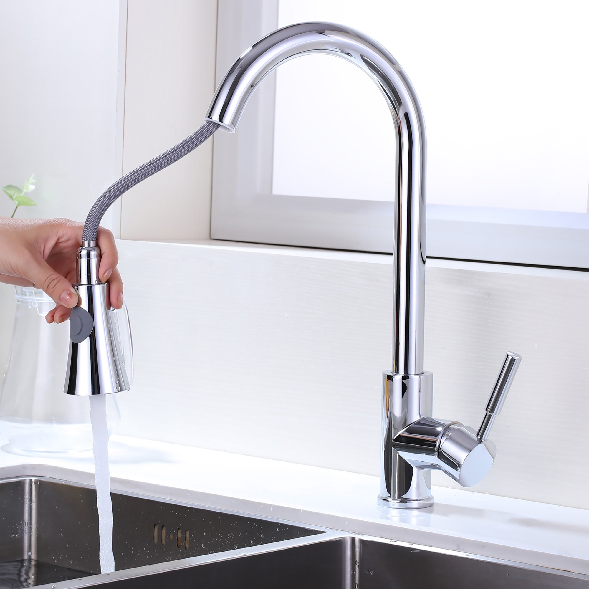 Single Handle Deck Mounted High Arc Pull Out Stainless Steel Kitchen Faucet
