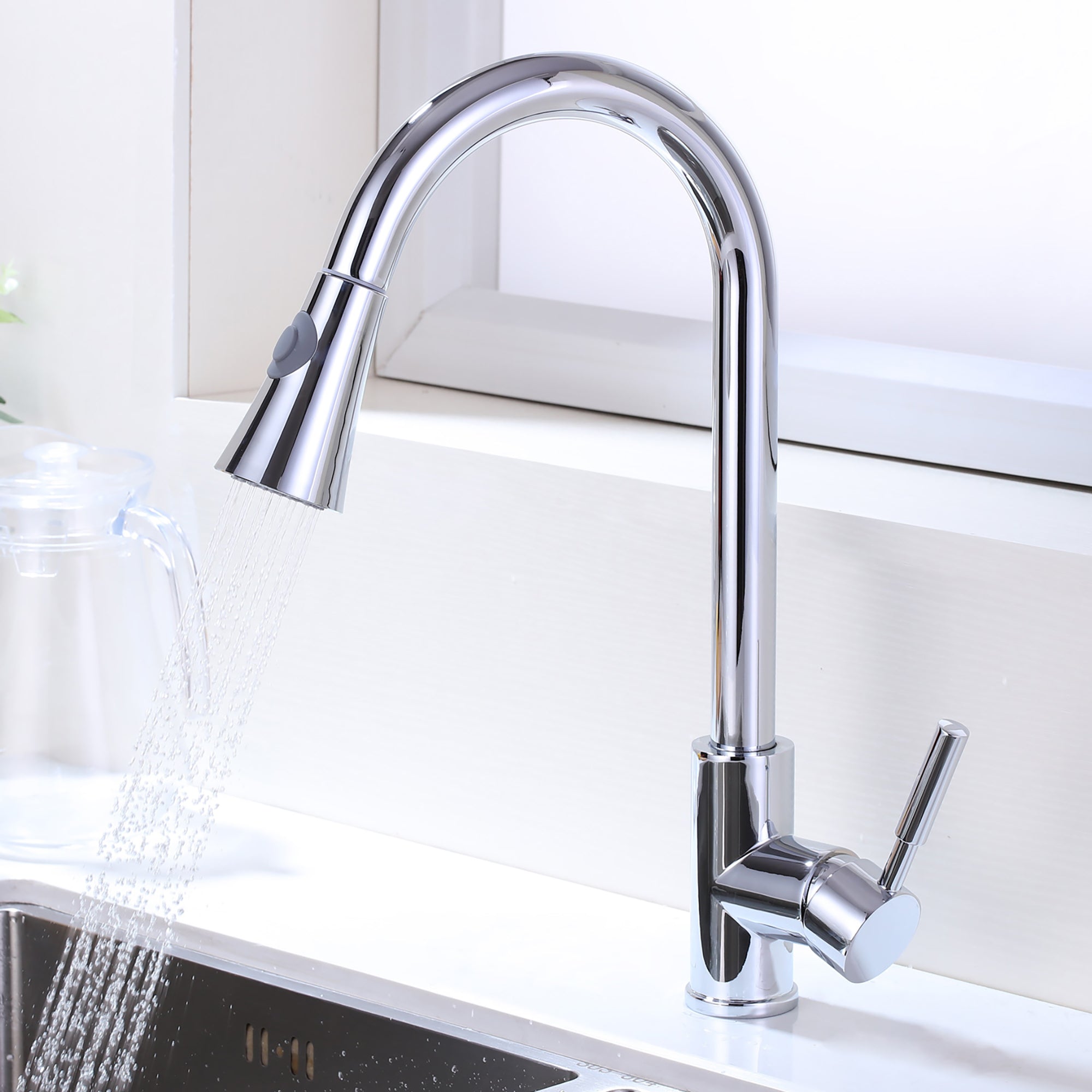 Single Handle Deck Mounted High Arc Pull Out Stainless Steel Kitchen Faucet