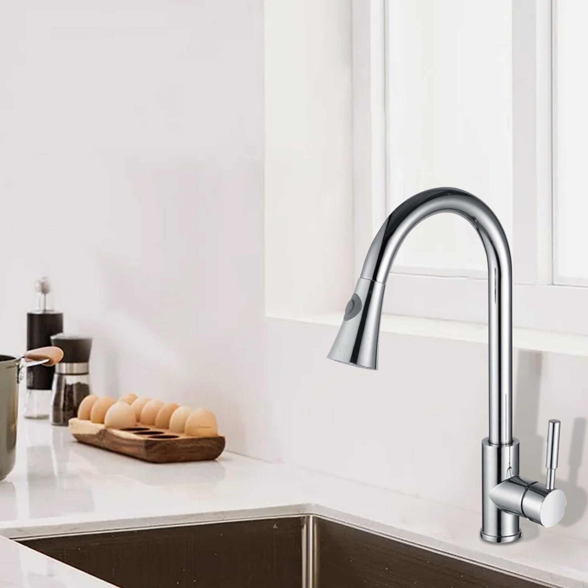 Single Handle Deck Mounted High Arc Pull Out Stainless Steel Kitchen Faucet