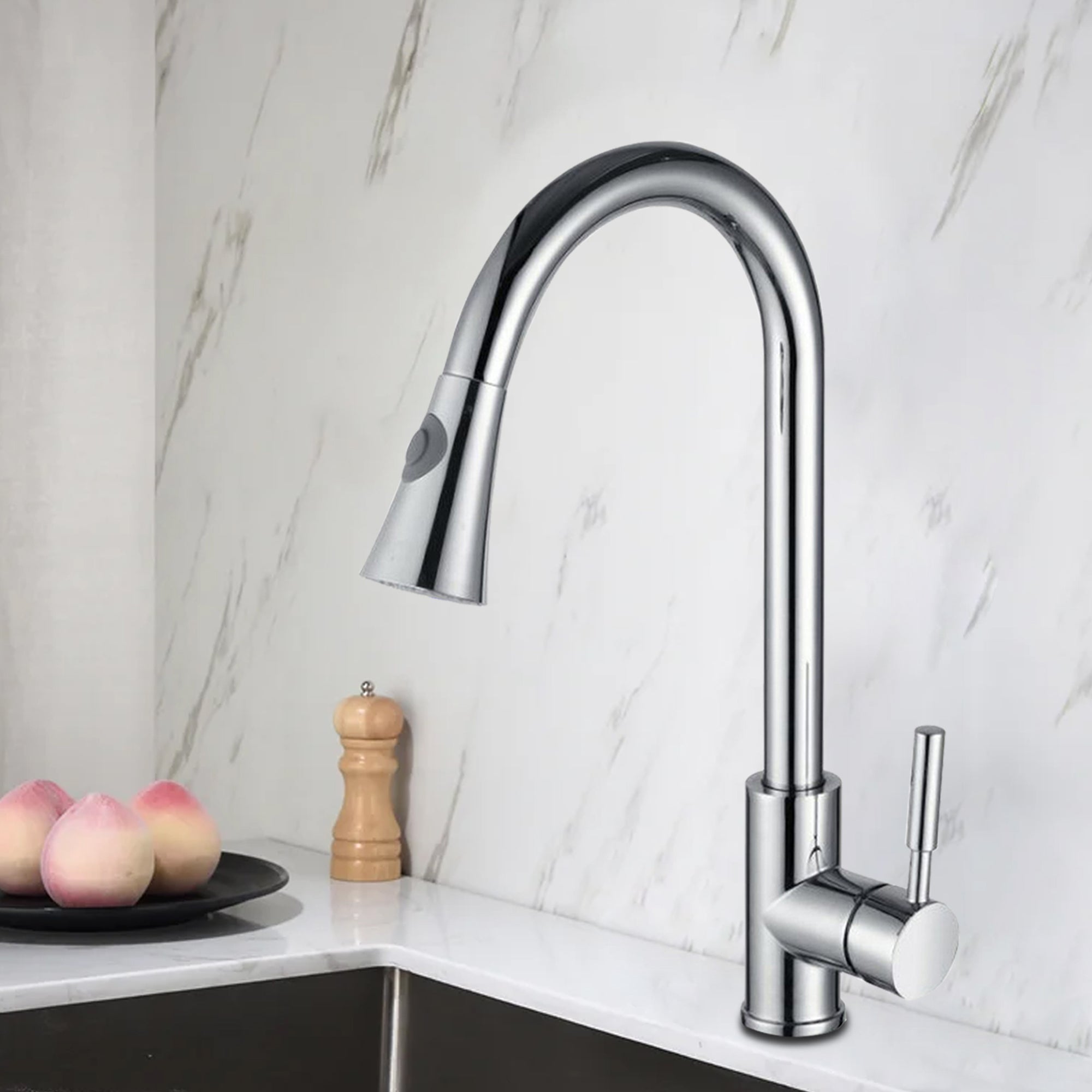 Single Handle Deck Mounted High Arc Pull Out Stainless Steel Kitchen Faucet