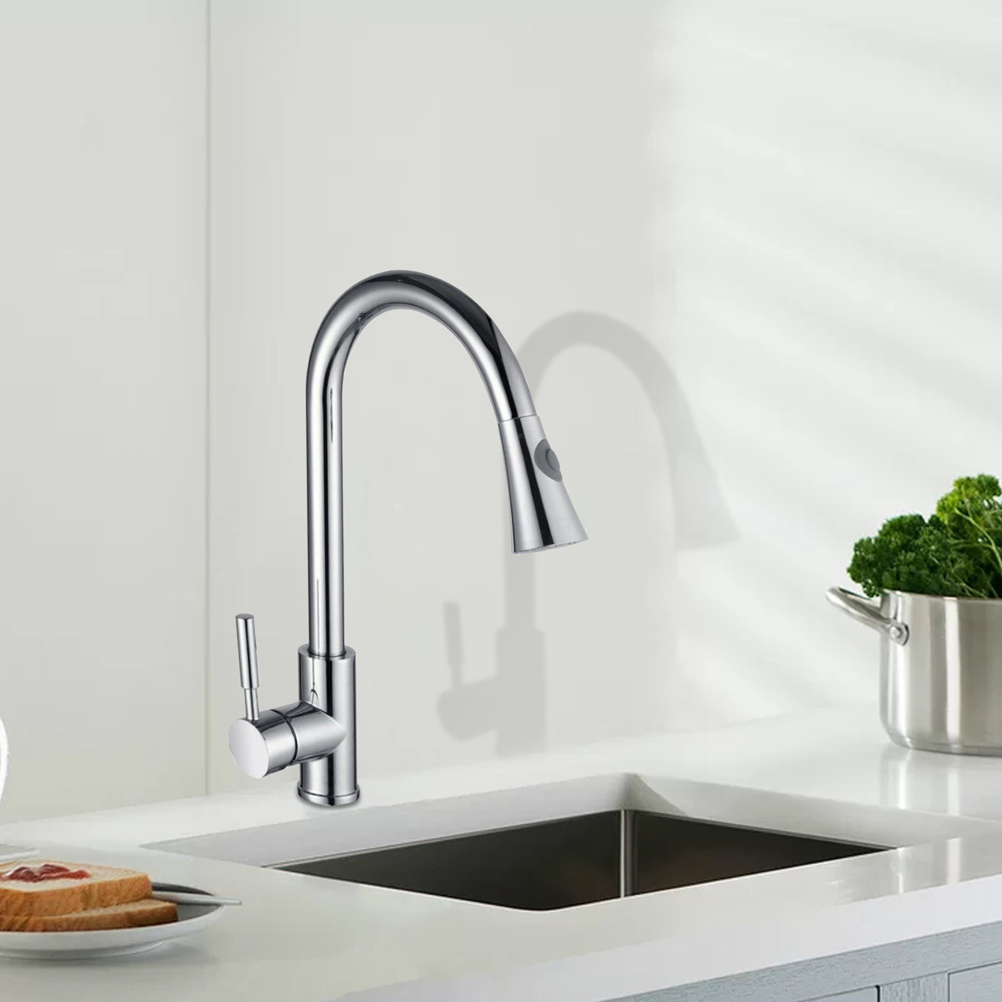 Single Handle Deck Mounted High Arc Pull Out Stainless Steel Kitchen Faucet