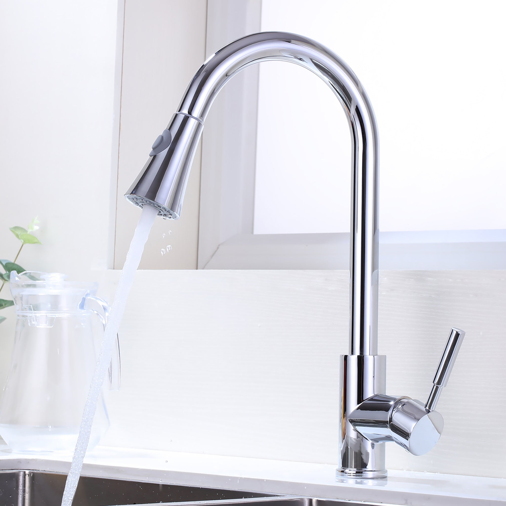 Single Handle Deck Mounted High Arc Pull Out Stainless Steel Kitchen Faucet