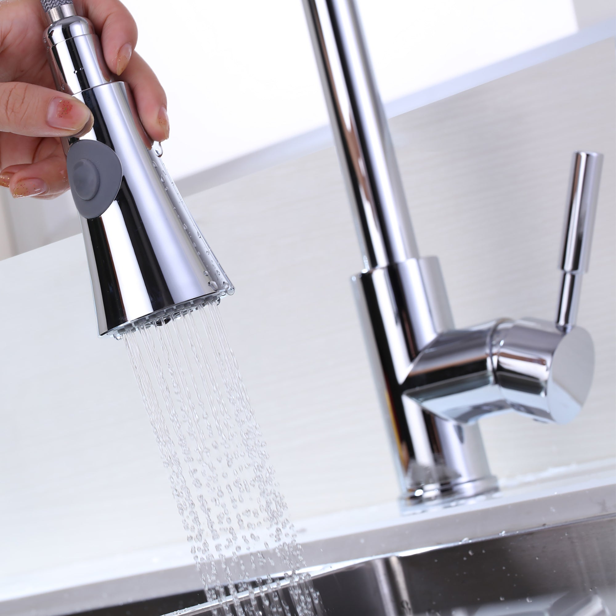 Single Handle Deck Mounted High Arc Pull Out Stainless Steel Kitchen Faucet