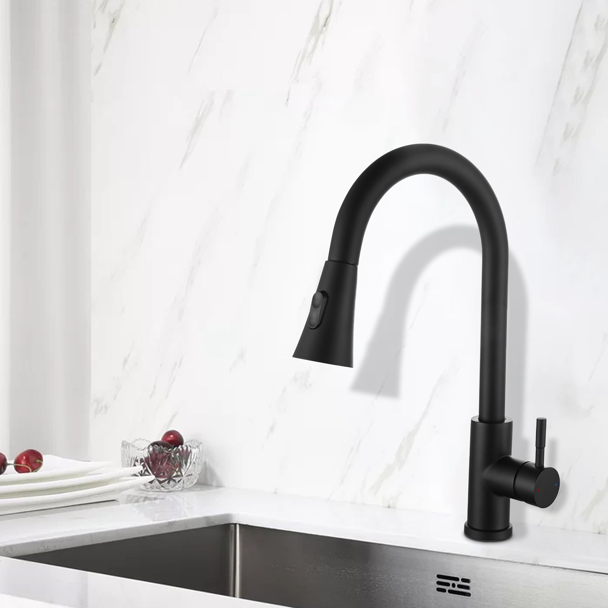 Single Handle Deck Mounted High Arc Pull Out Stainless Steel Kitchen Faucet