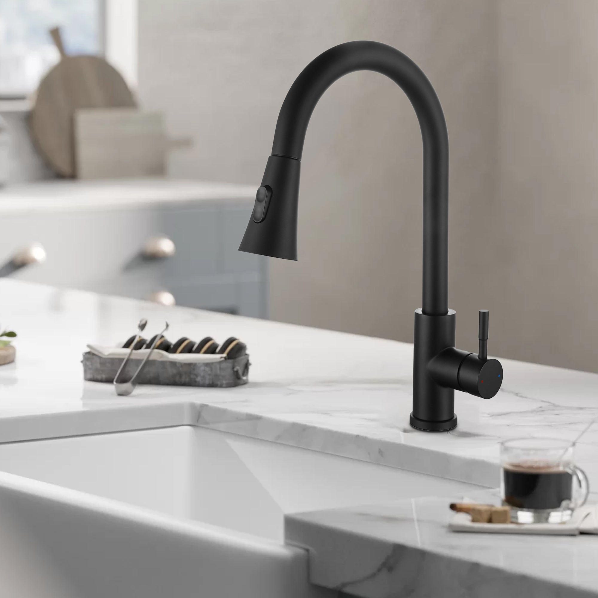 Single Handle Deck Mounted High Arc Pull Out Stainless Steel Kitchen Faucet
