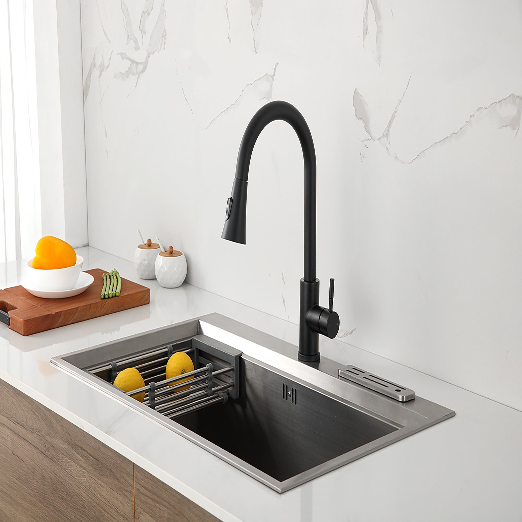 Single Handle Deck Mounted High Arc Pull Out Stainless Steel Kitchen Faucet