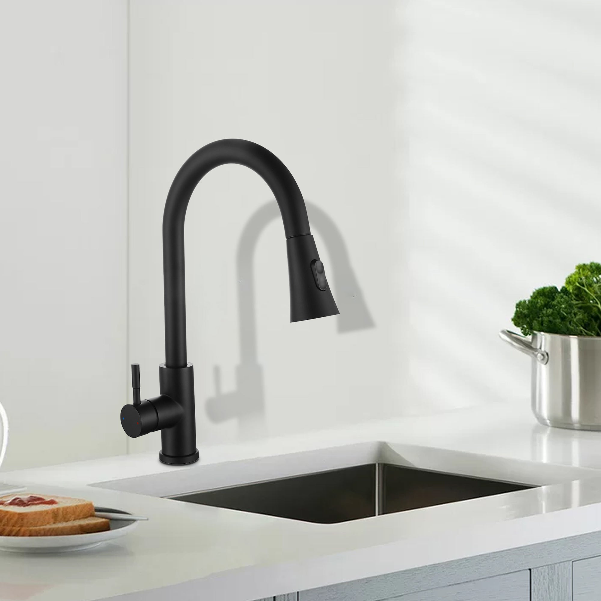 Single Handle Deck Mounted High Arc Pull Out Stainless Steel Kitchen Faucet