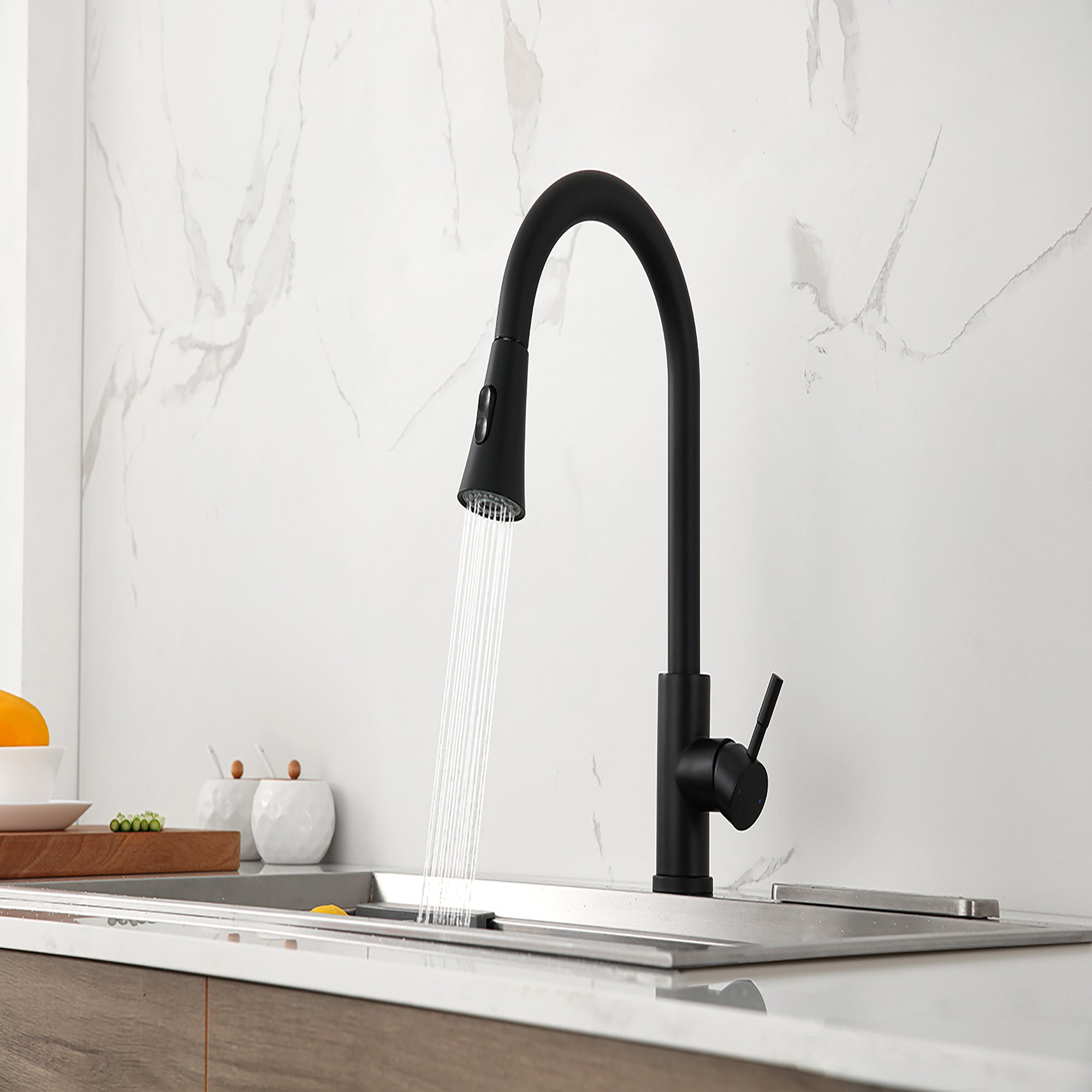 Single Handle Deck Mounted High Arc Pull Out Stainless Steel Kitchen Faucet