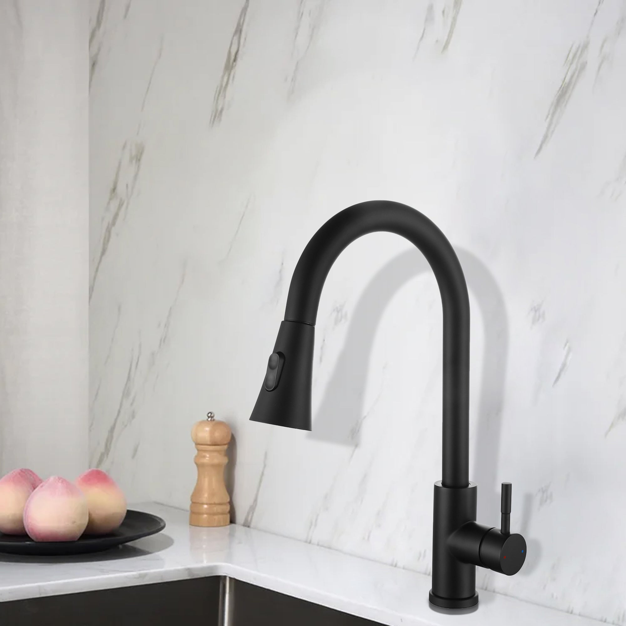 Single Handle Deck Mounted High Arc Pull Out Stainless Steel Kitchen Faucet