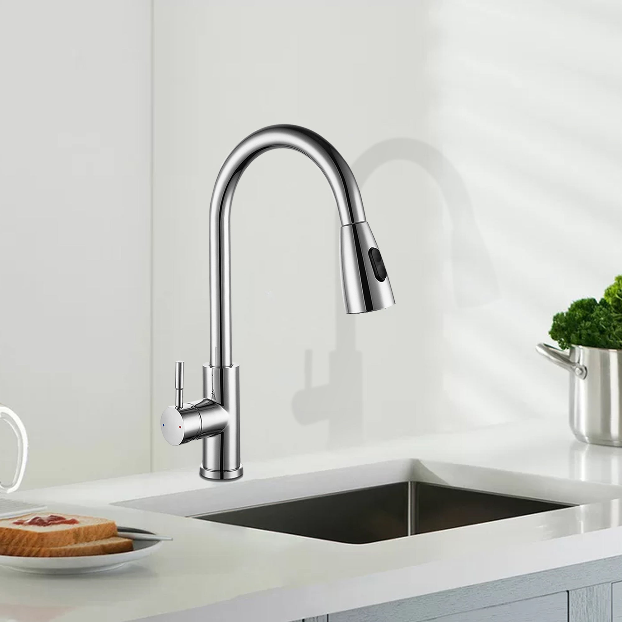Single Handle Deck Mounted High Arc Pull Out Stainless Steel Kitchen Faucet