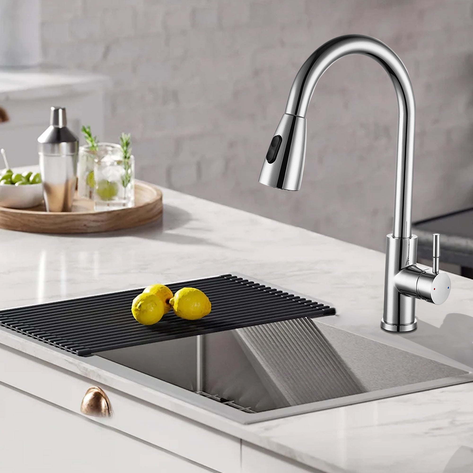 Single Handle Deck Mounted High Arc Pull Out Stainless Steel Kitchen Faucet